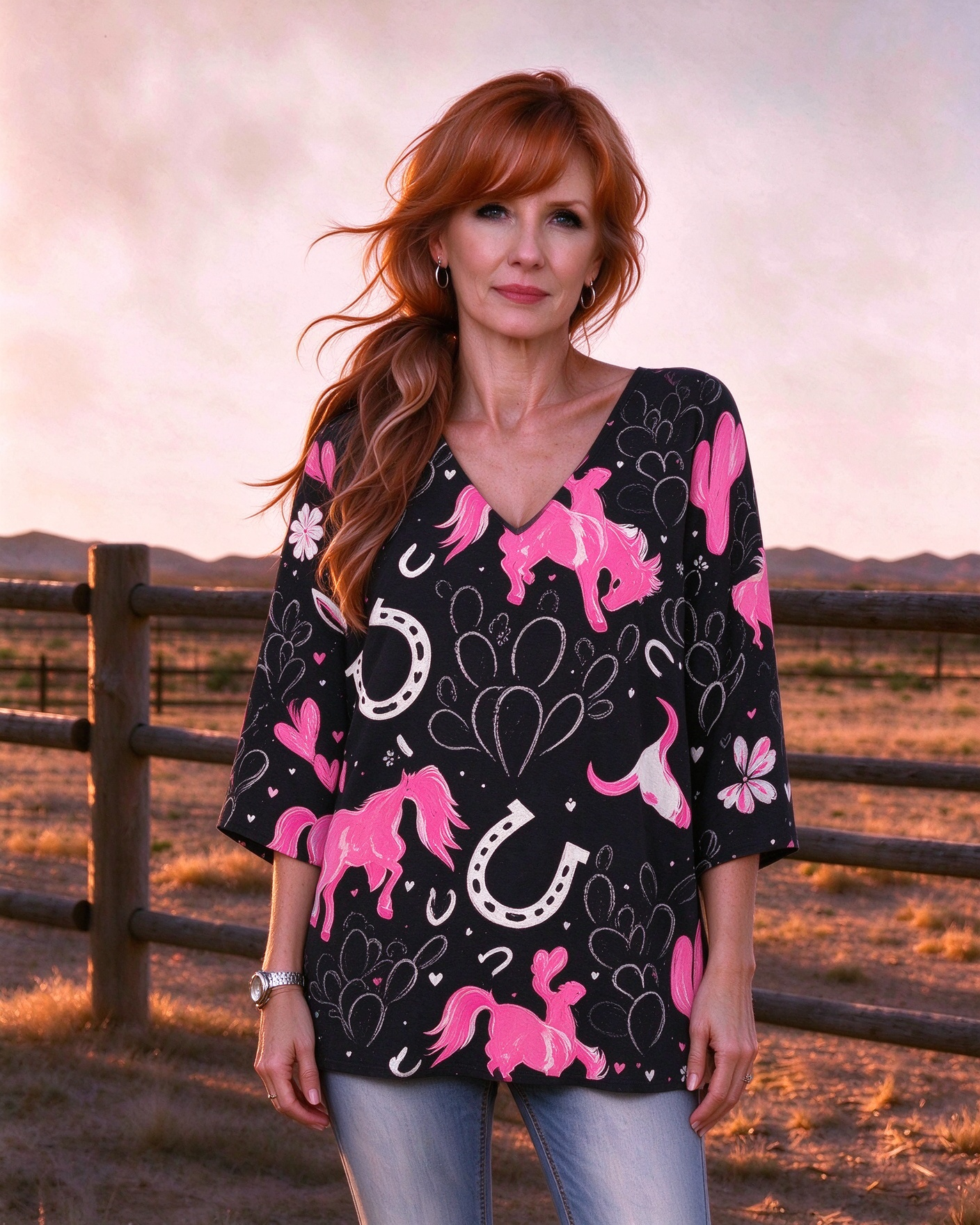 Western-style galloping horse and horseshoe print V-neck three-quarter sleeve long top