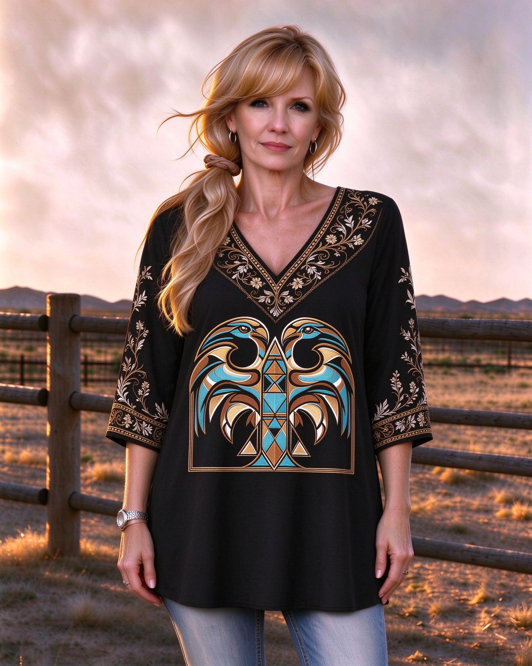 Thunderbird V-Neck Boho Western-style long top
