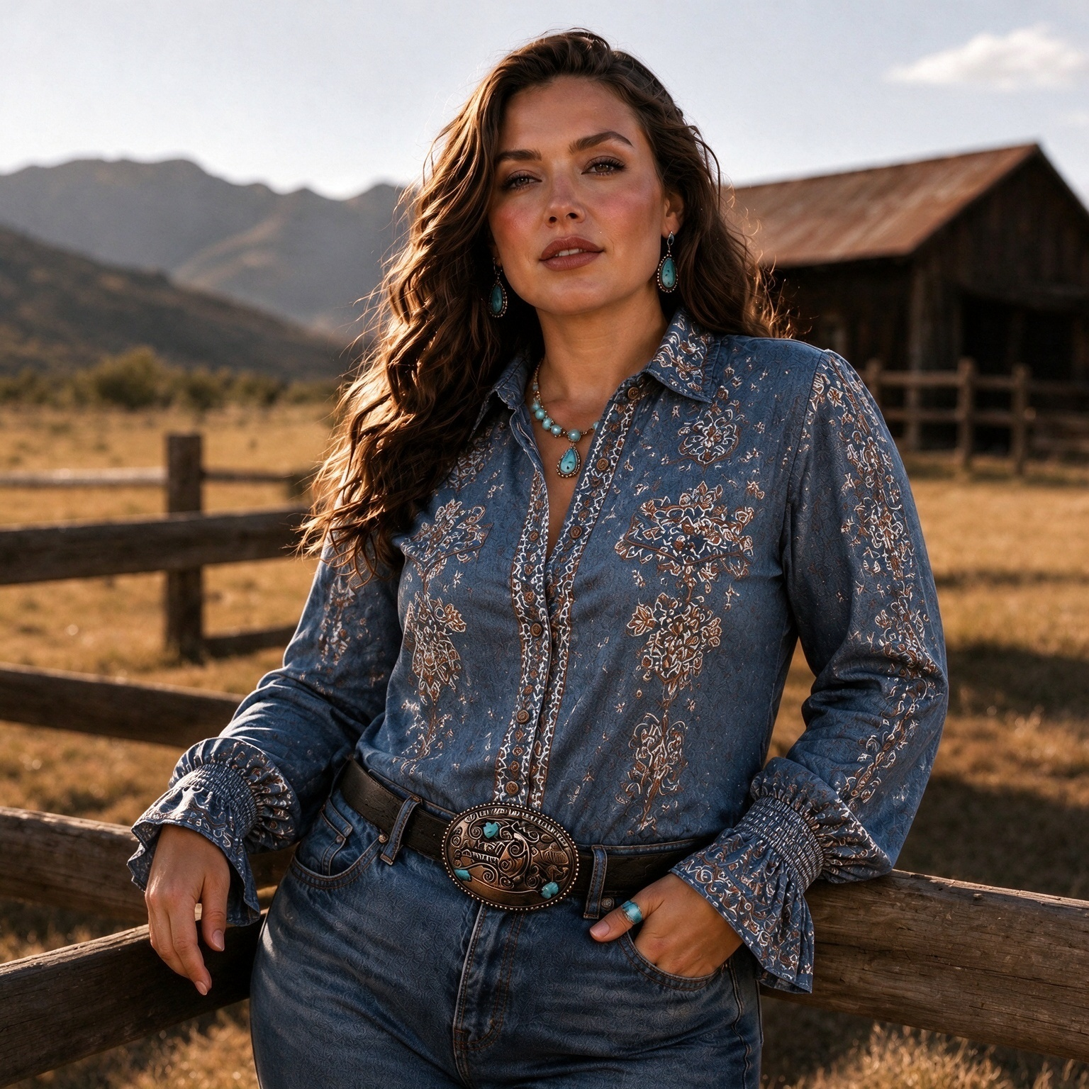 Retro Western Cowboy Paisley Print Bell Sleeve Shirt