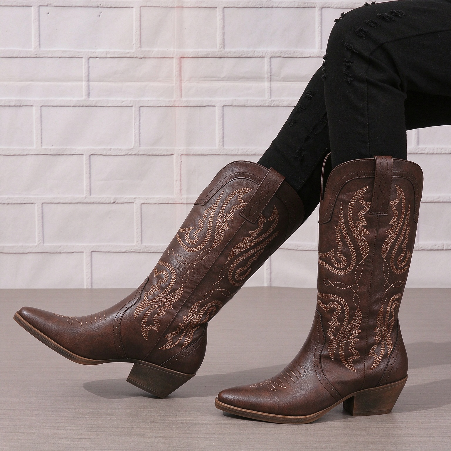 Retro Western Over-the-Knee Floral Embroidered Square Toe Cowboy Boots