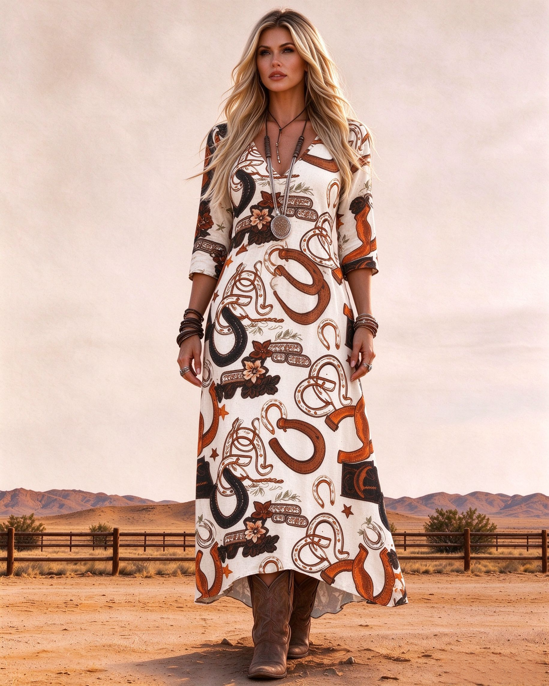 V-neck retro Western horseshoe floral print maxi dress