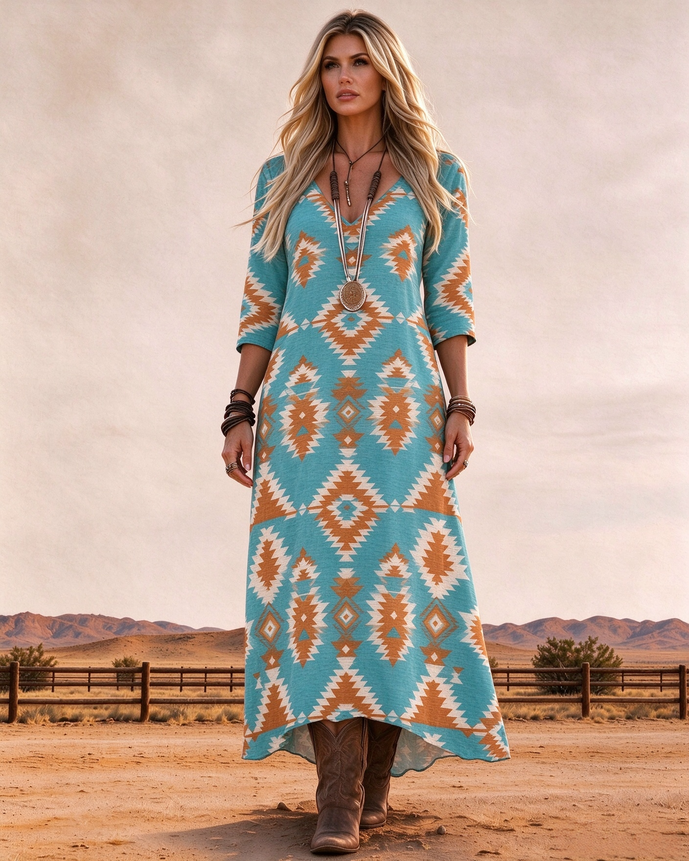 Retro Western Aztec Diamond Geometric Tribal Print V-neck Three-quarter Sleeve Long Dress