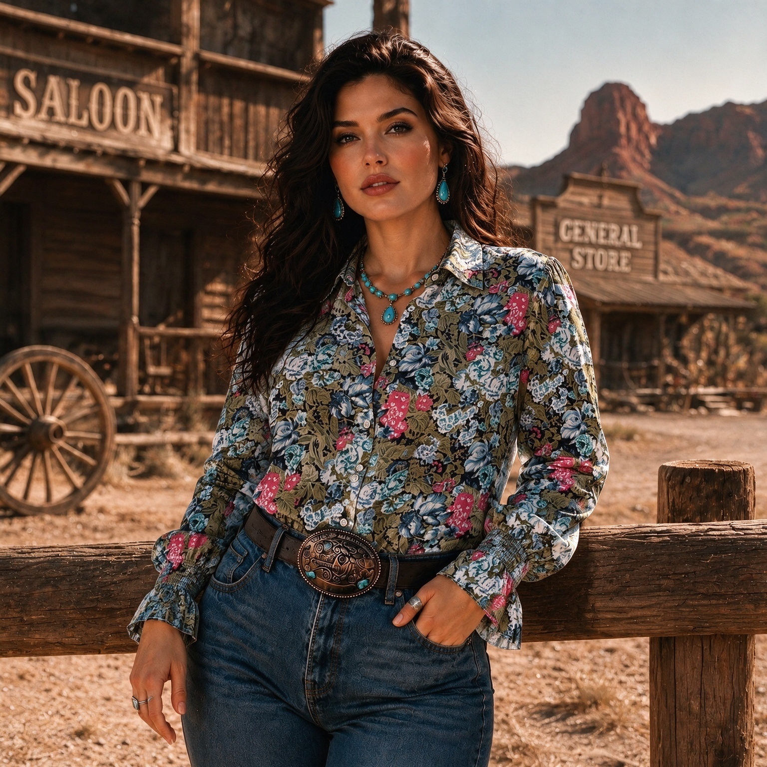 Retro Western style floral print Bell Sleeve Shirt