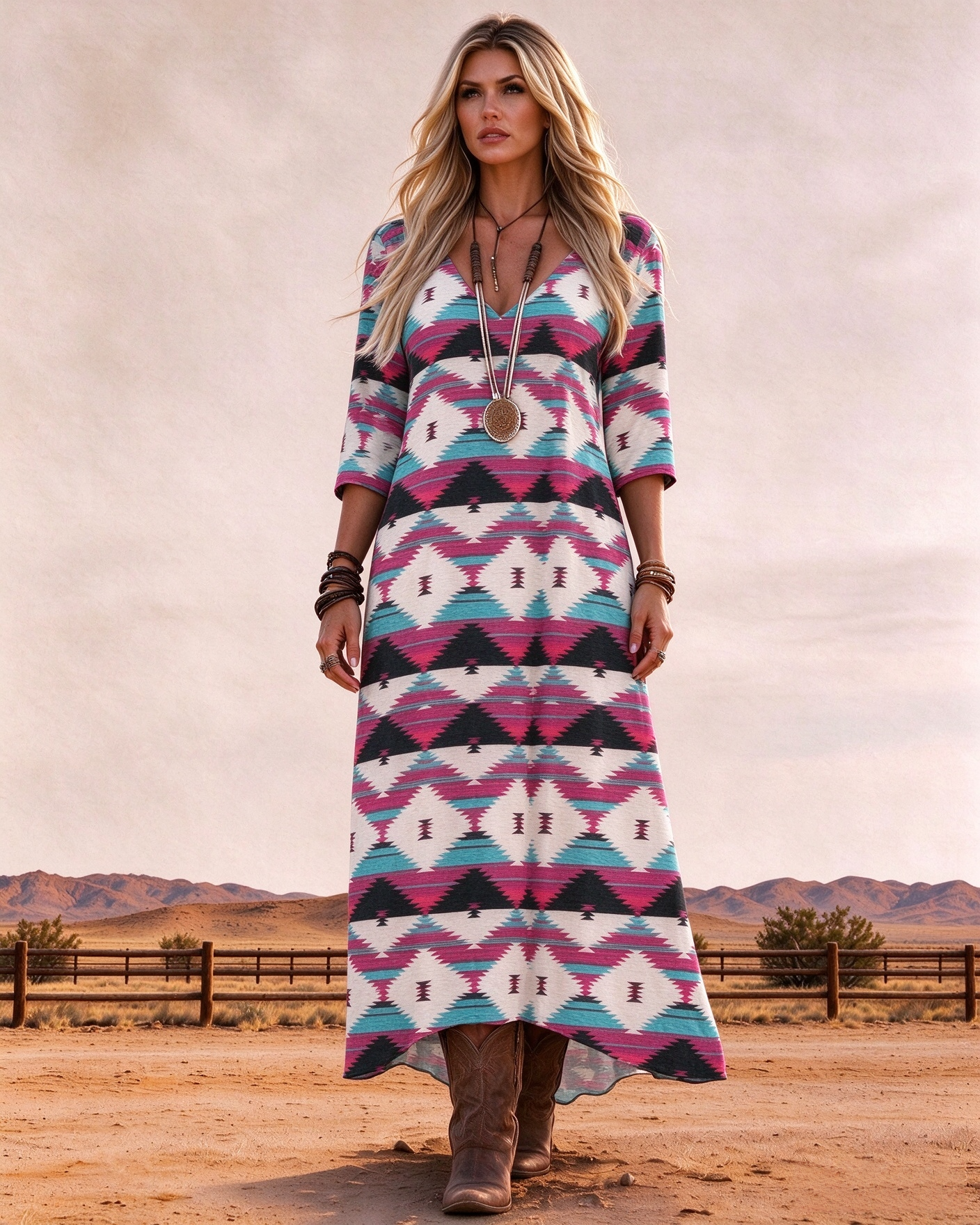 Retro Western Aztec Geometric Tribal Art Print V-neck Three-quarter Sleeve Long Dress
