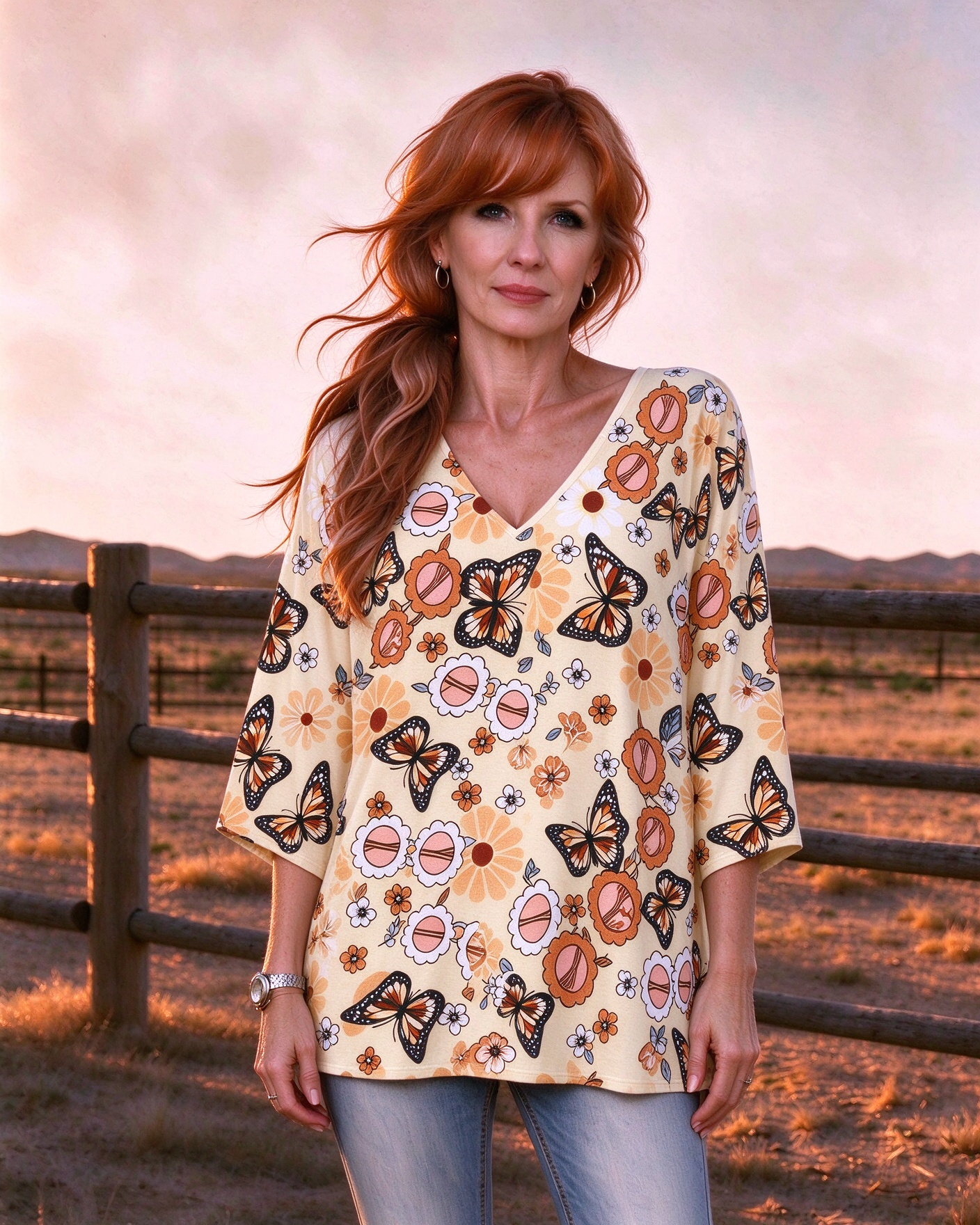Western ranch pumpkin maple leaf print V-neck three-quarter sleeve long top