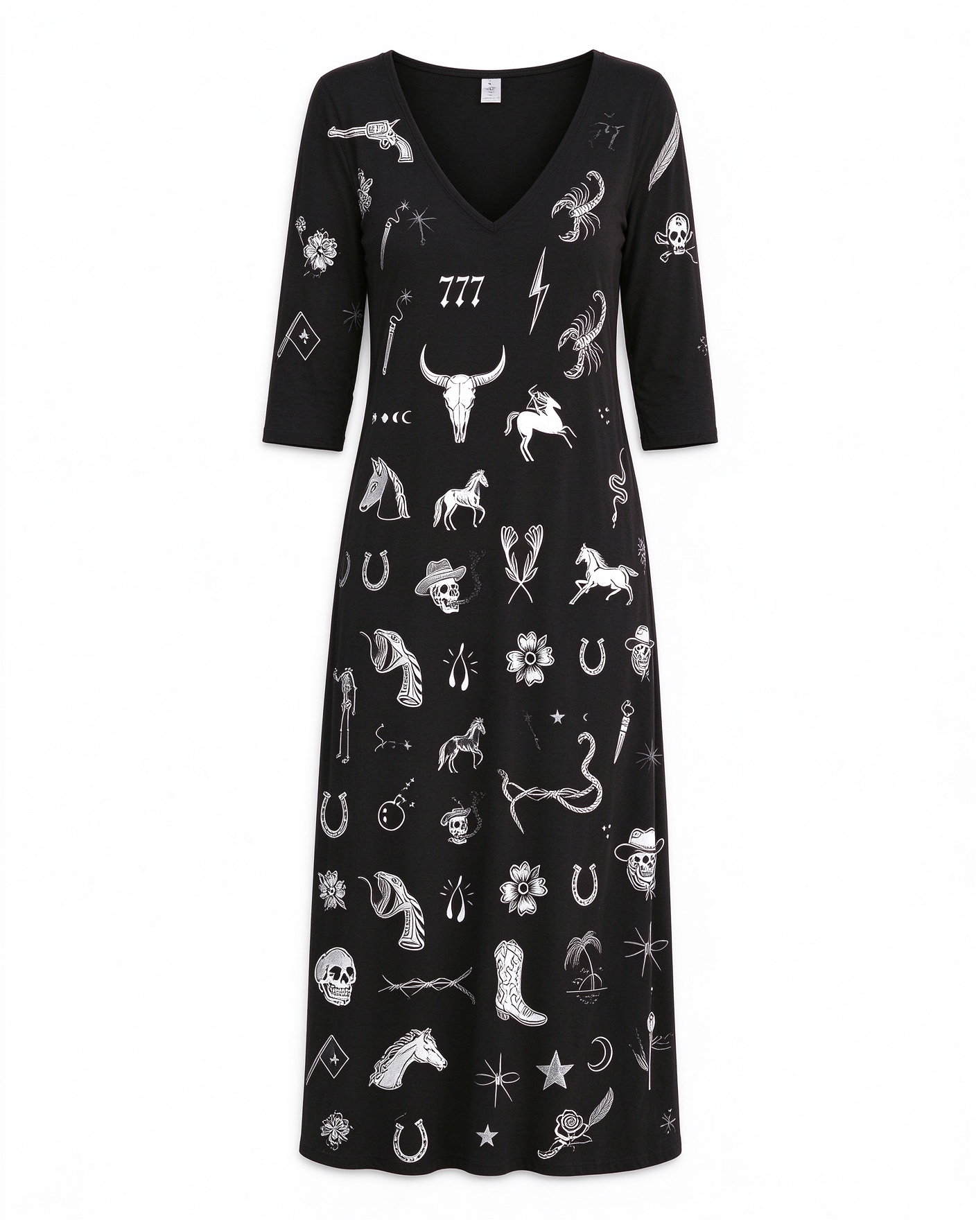 Retro Micro Doodle Skull, Scorpion & Lucky Printed V-neck Maxi Dress