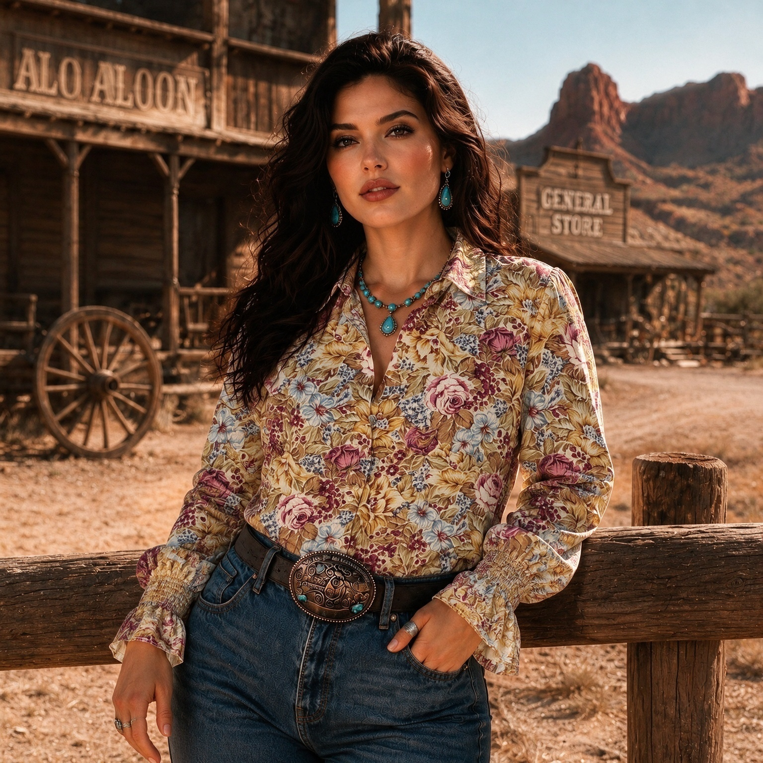 Retro Western-style rose print Bell Sleeve Shirt