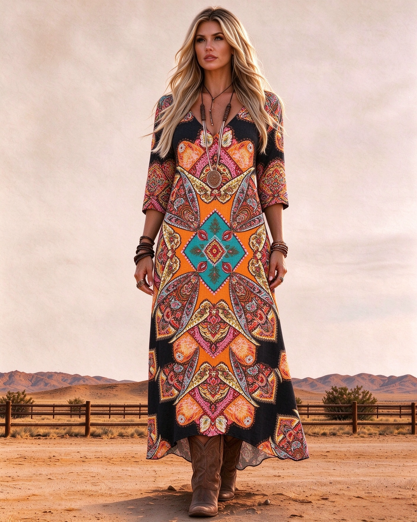 Retro Western Bohemian Colorful Badge Art Print V-neck Three-quarter sleeve long dress