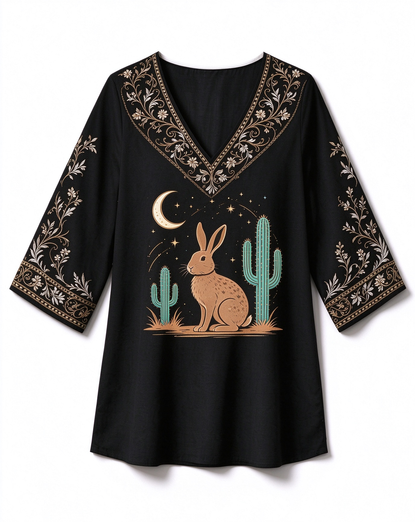 Desert Hare Moon Cactus Western Women's V-neck Long Top