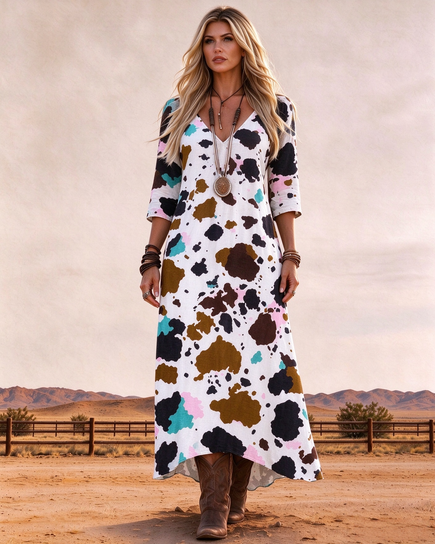 V-Neck 3/4 Sleeve Vintage Western Color Cow Spot Print High Low Hem Maxi Dress