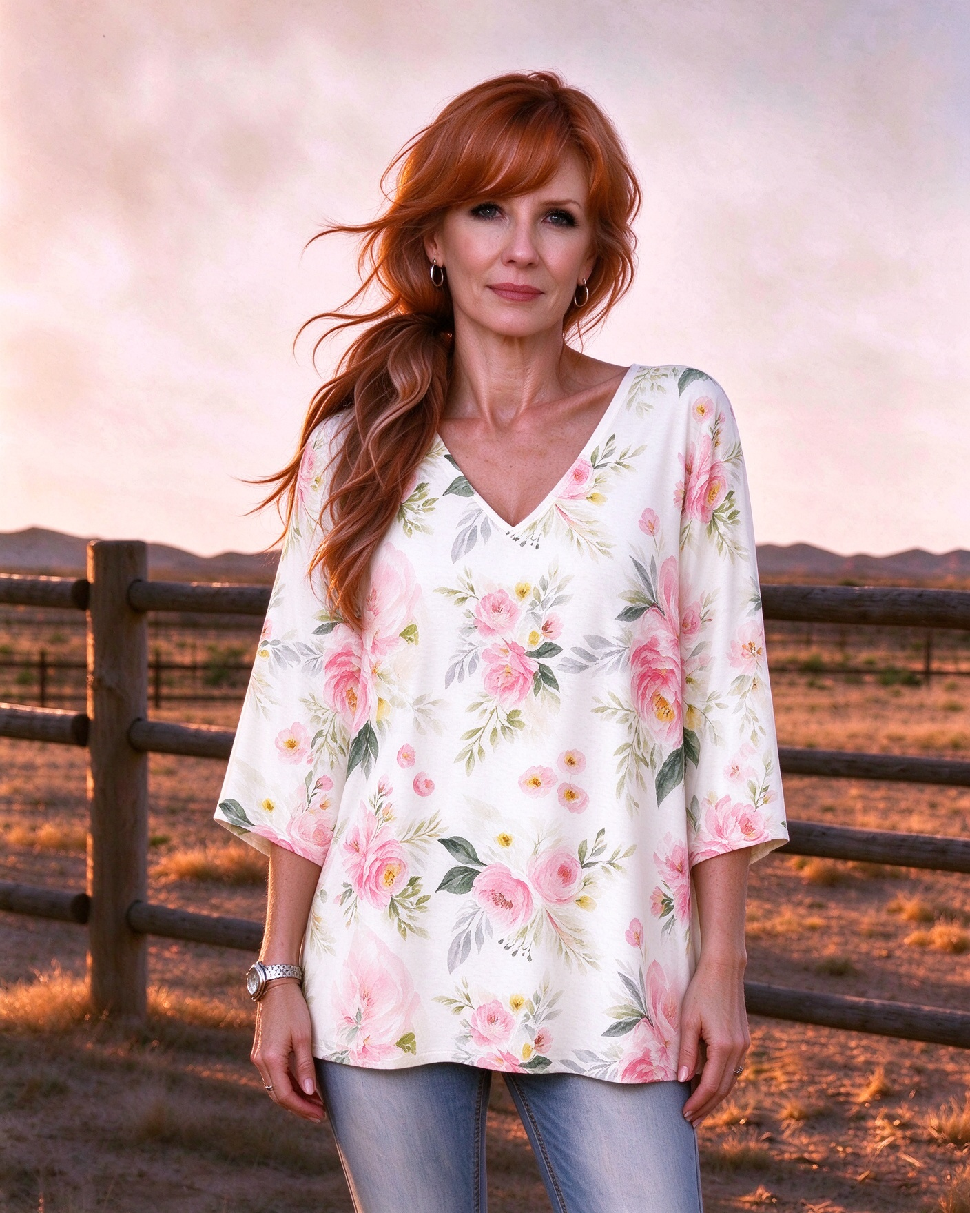 Romantic watercolor floral V-neck long top