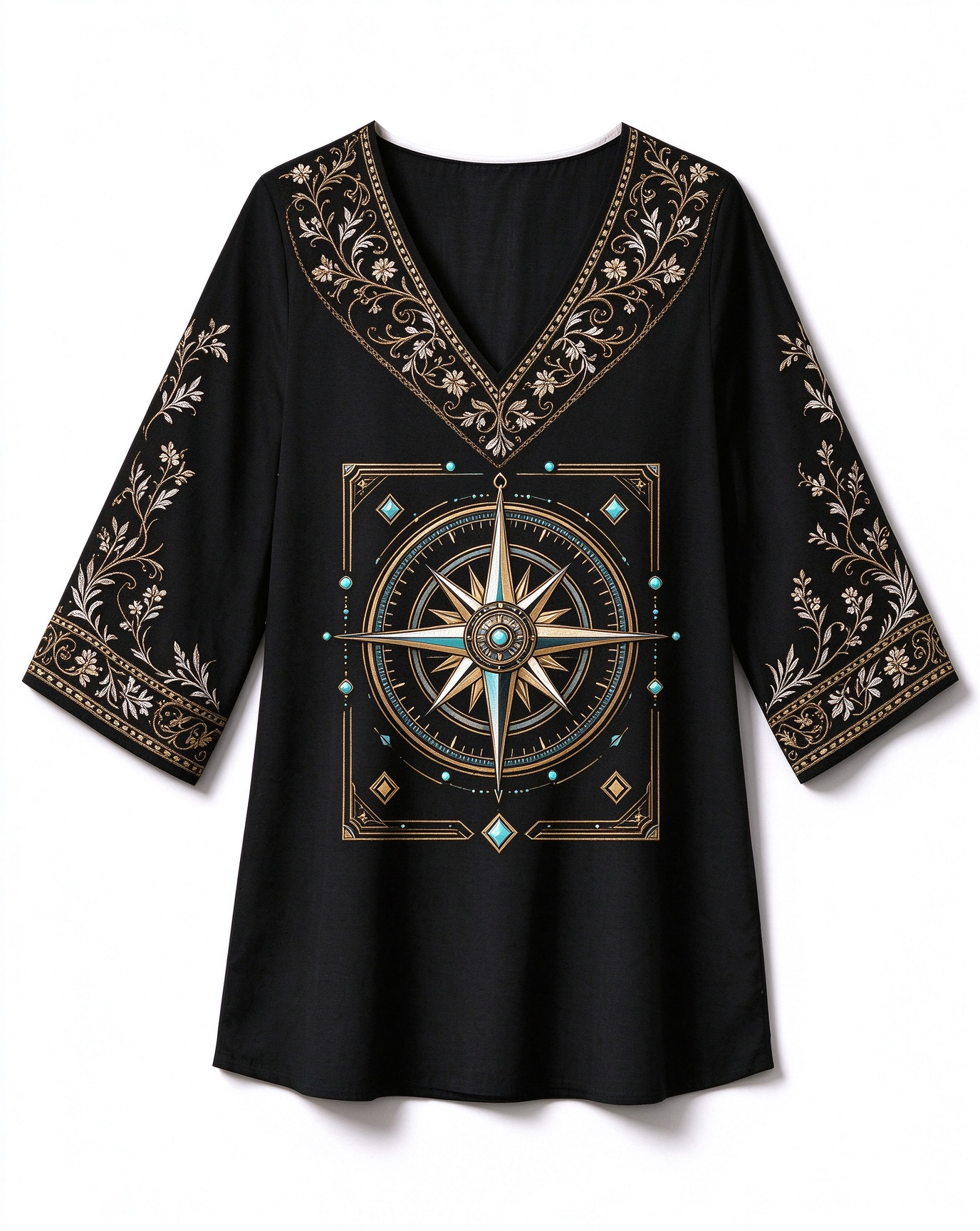 Retro compass print Western style V-neck long top