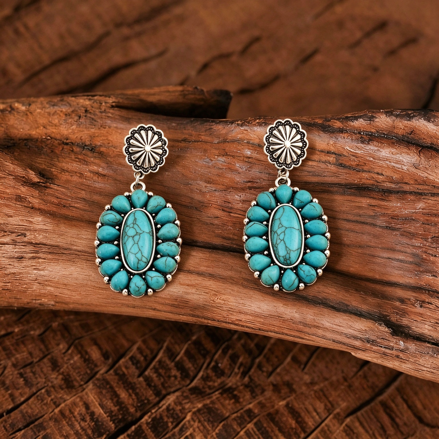 Vintage Southwest Concho Flower Top Oval Cluster Stone Stud Drop Earrings