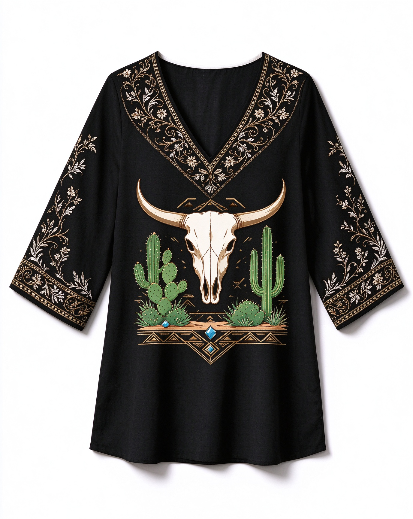 Long V-neck top with a long print of a bull horn skull, desert cactus, and tribe.