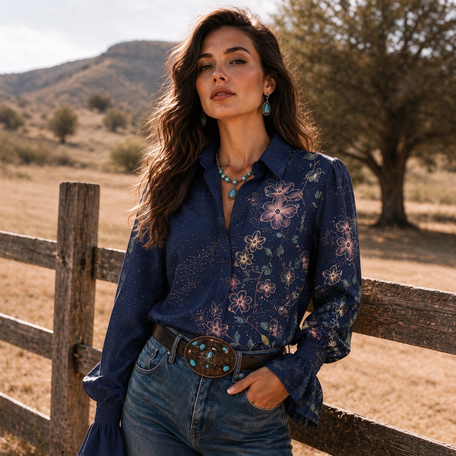 Retro Western Starry Sky Floral Print Bell Sleeve Shirt