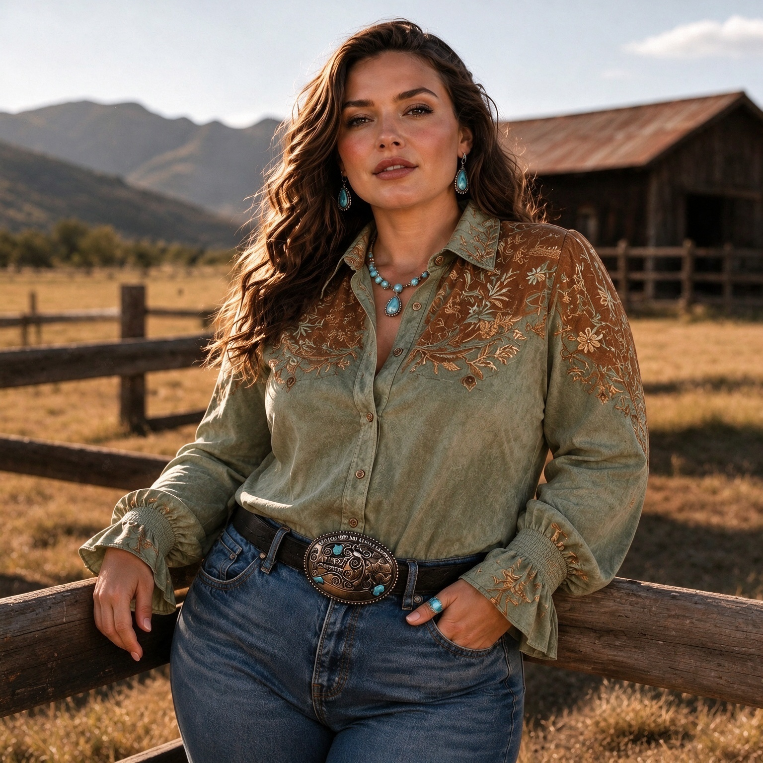 Retro Western Sage Green Bell Sleeve Shirt