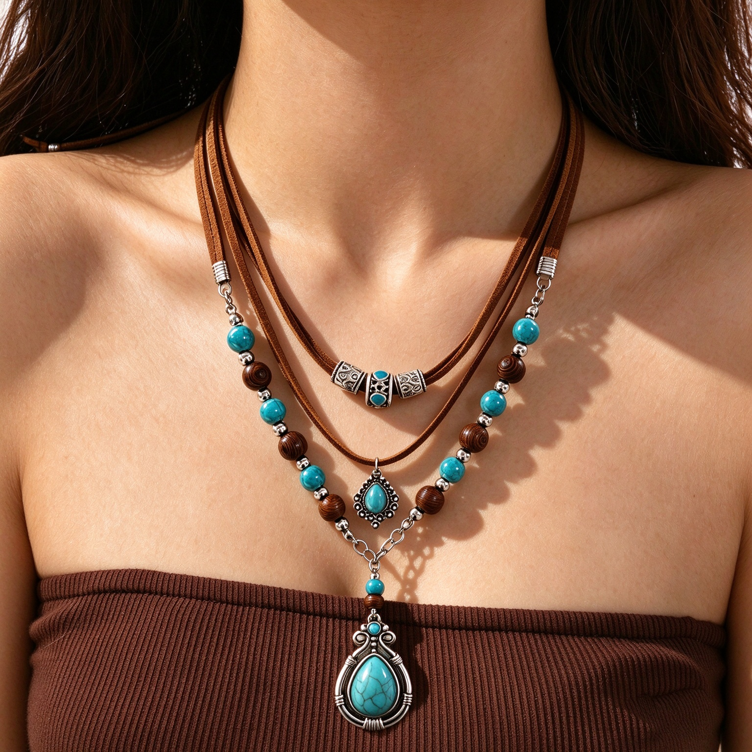 Vintage Western Multi-Layer Teardrop Stone Pendant Beaded Cord Statement Necklace