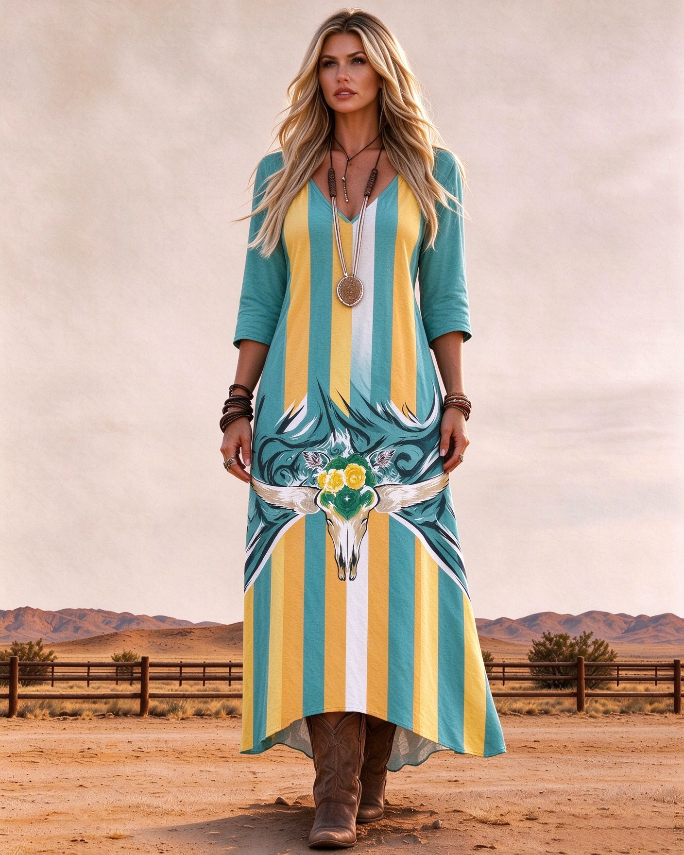 V-neck three-quarter sleeve retro Western striped bull skull floral high and low hem long dress