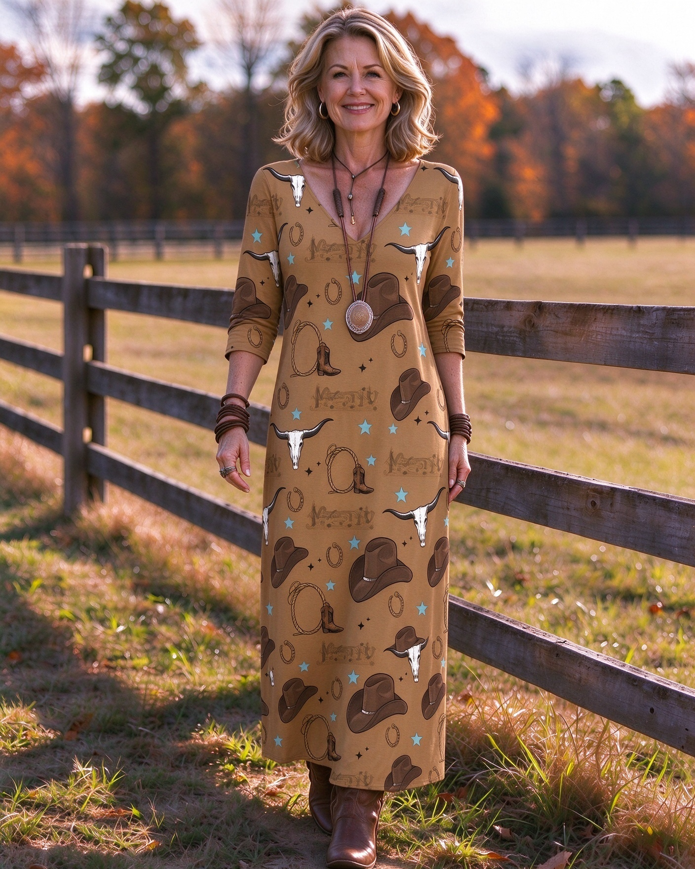 Longhorn Cow Skull Cowboy Hat Western V-Neck Printed Dress | Allover Print