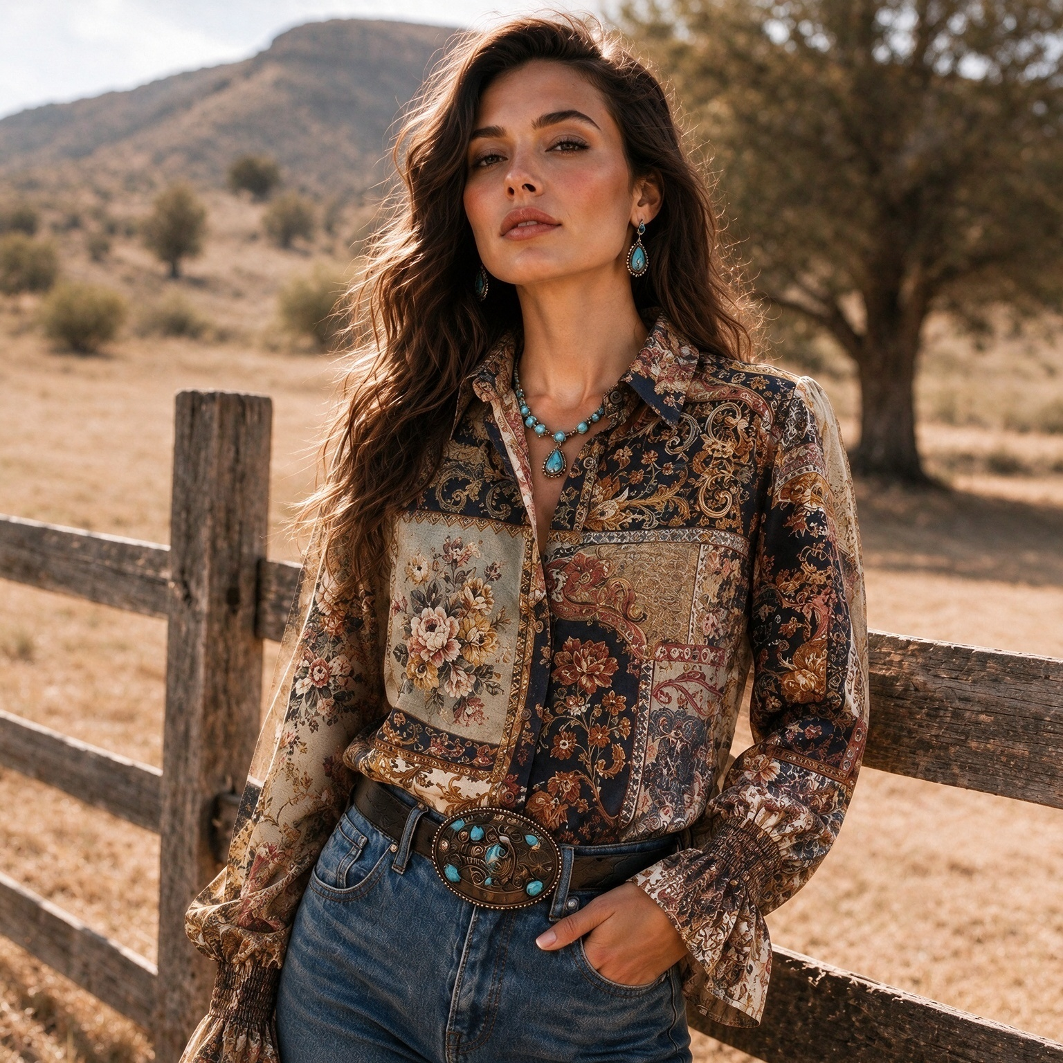 Retro Western patchwork floral print Bell Sleeve Shirt