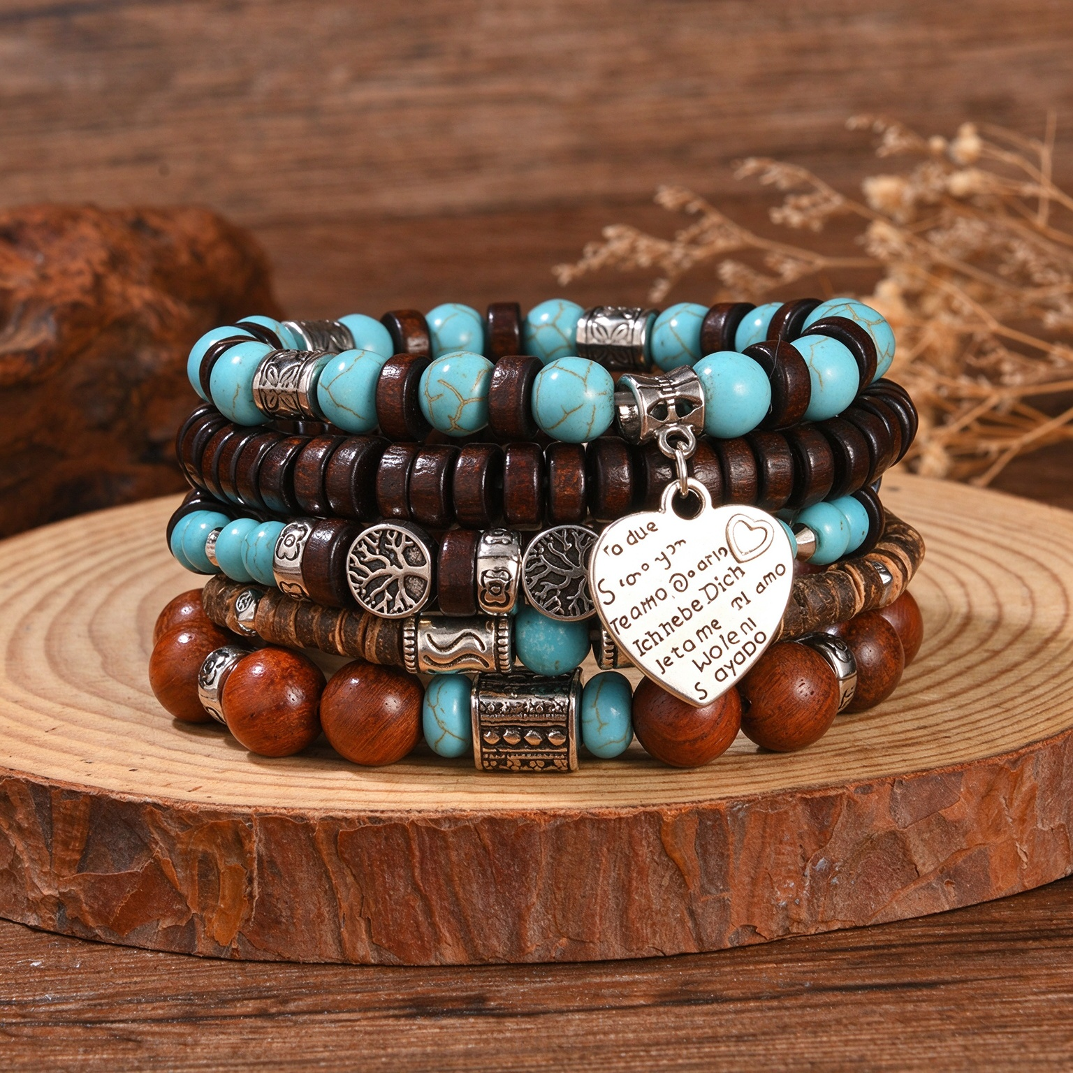 Retro Western Heart Charm Multi-Strand Stack Beaded Bracelet Set