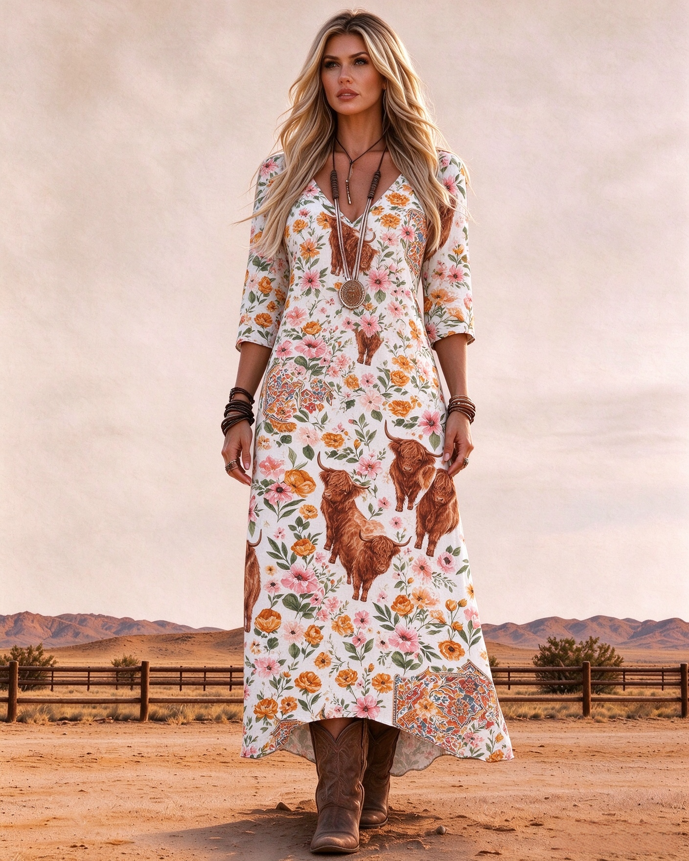Western-style Highland cow floral print V-neck three-quarter sleeve long dress