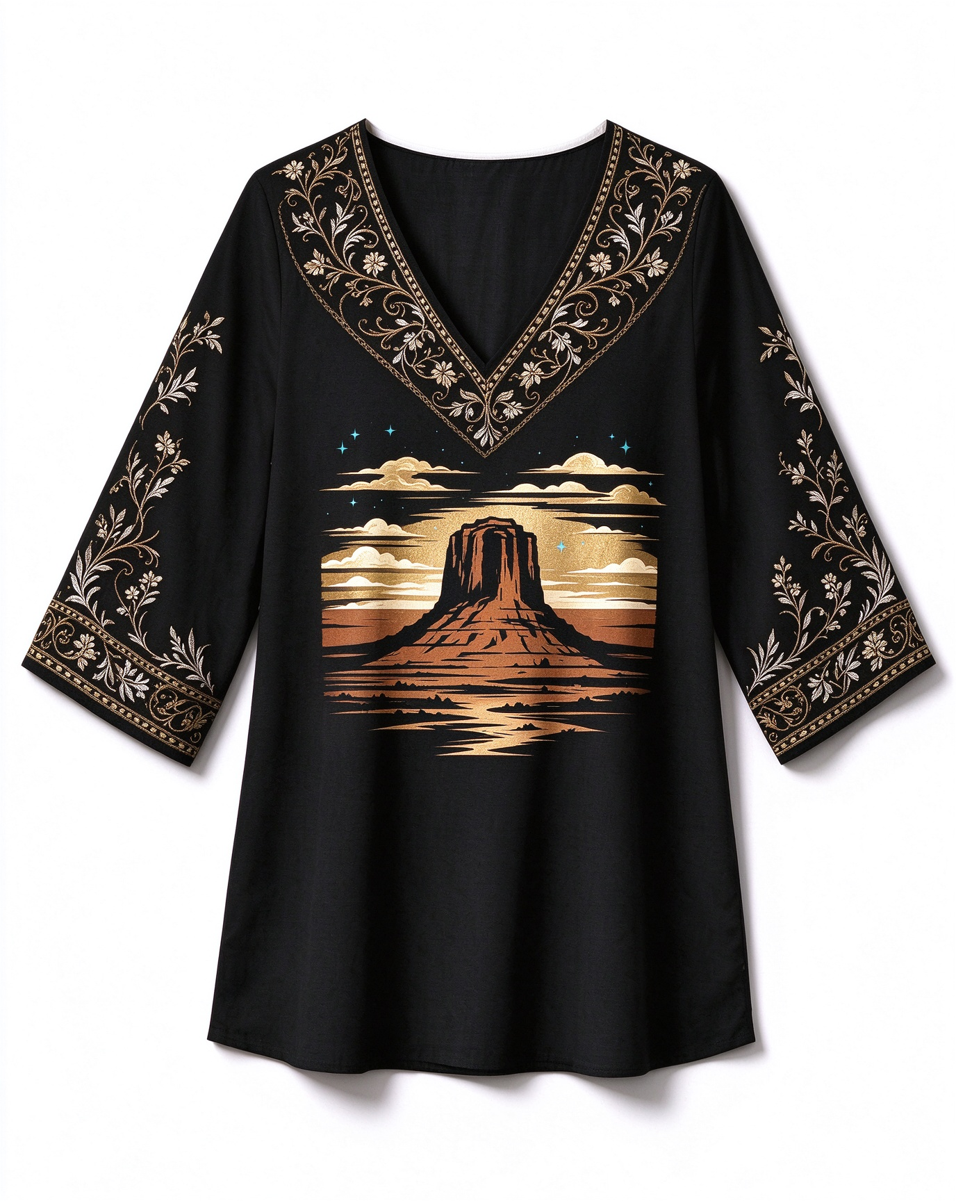 Desert and mountain landscape print V-neck long top