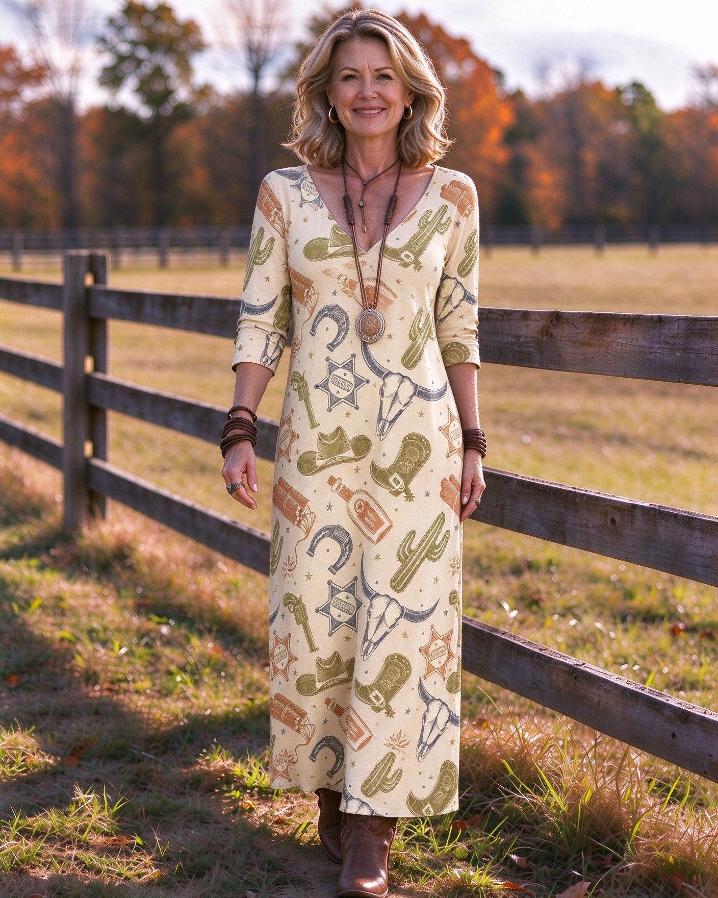 Cactus Horseshoe Sheriff Badge Cow Skull Western V-Neck Printed Dress | Allover Print