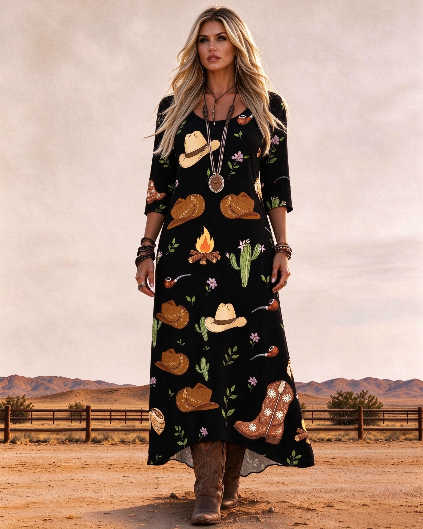 Round Neck 3/4 Sleeve Western Cowboy Print Women's Maxi Dress