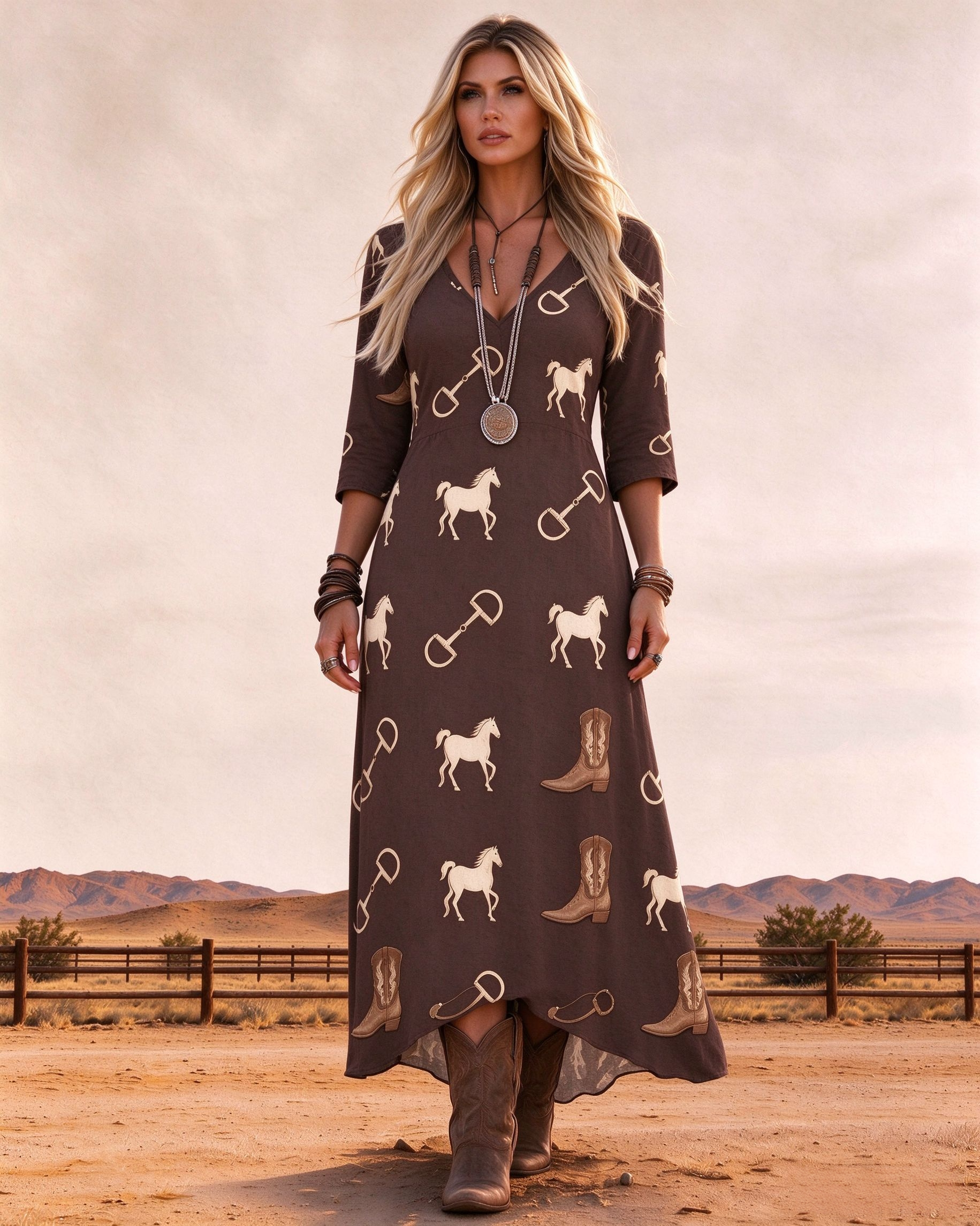 V-neck Western-style horse and horsebit print maxi dress
