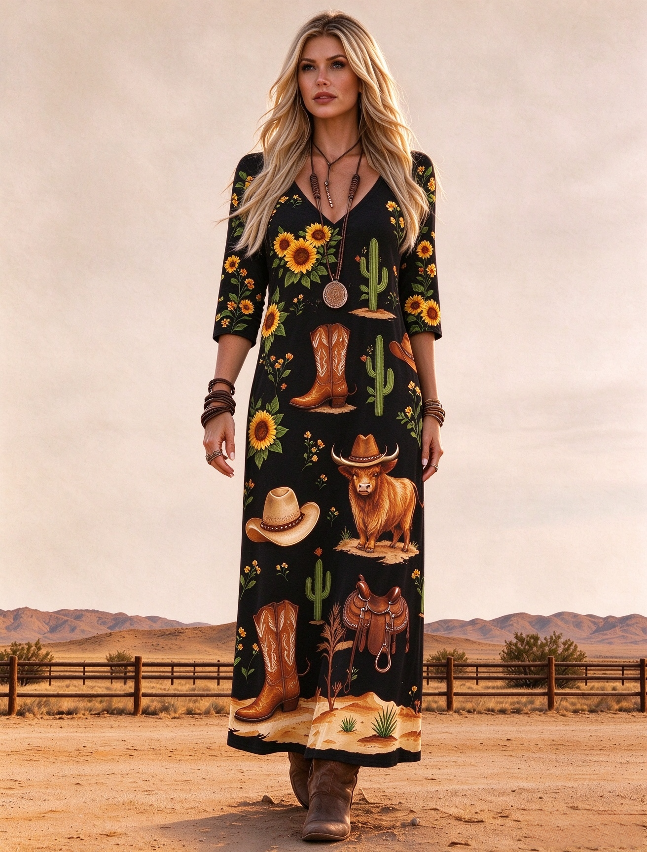 Western Sunflower Black Three-Quarter Sleeve Dress