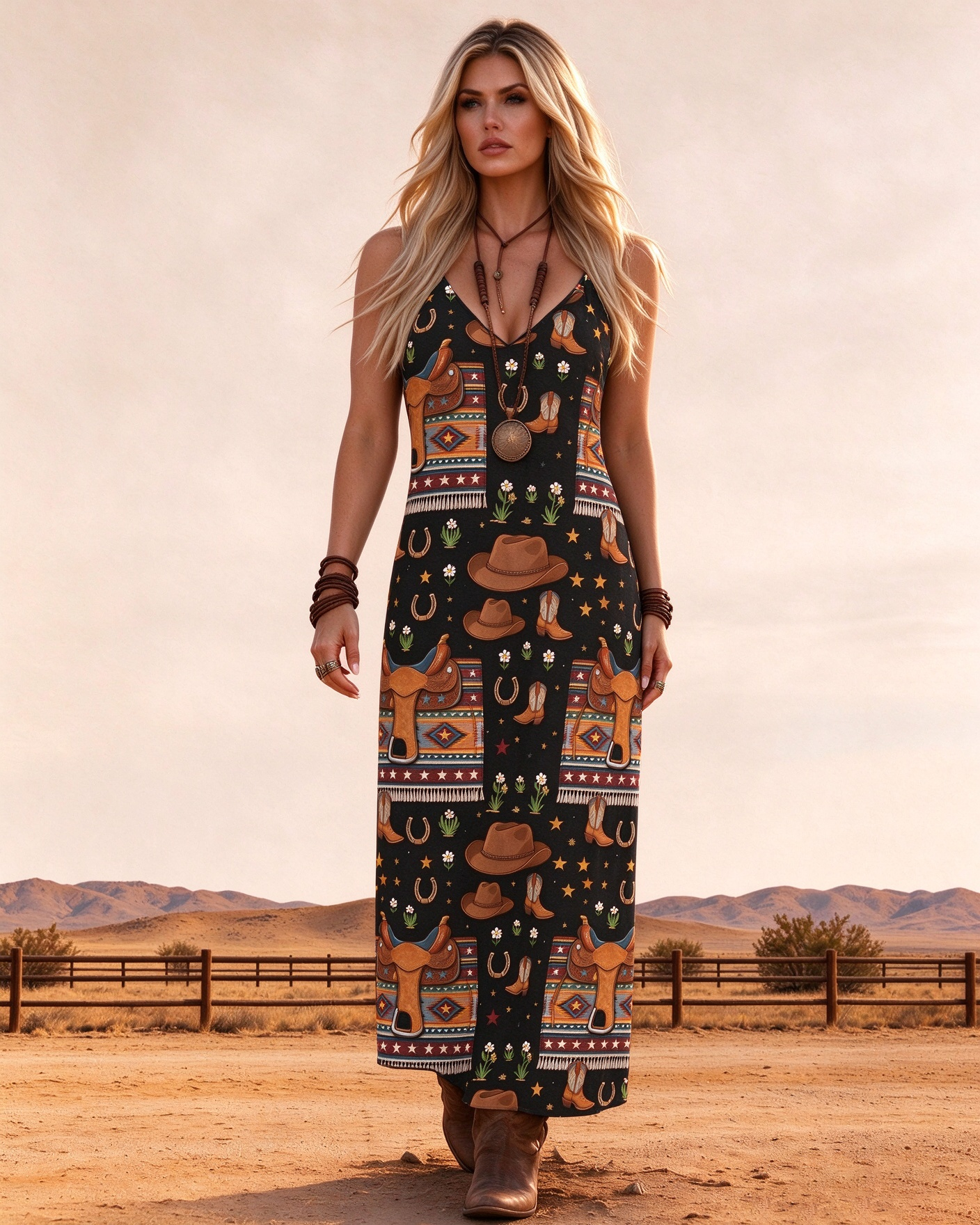 Southwestern Saddle & Cowboy Hat Print Maxi Dress