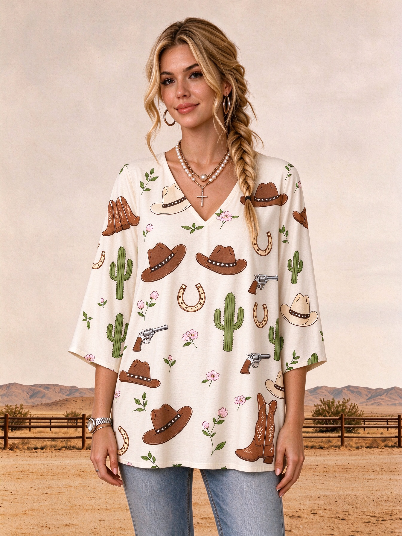 Western Cowboy Hat Boot Horseshoe Cactus Motif V Neck Loose Fit Tunic Shirt