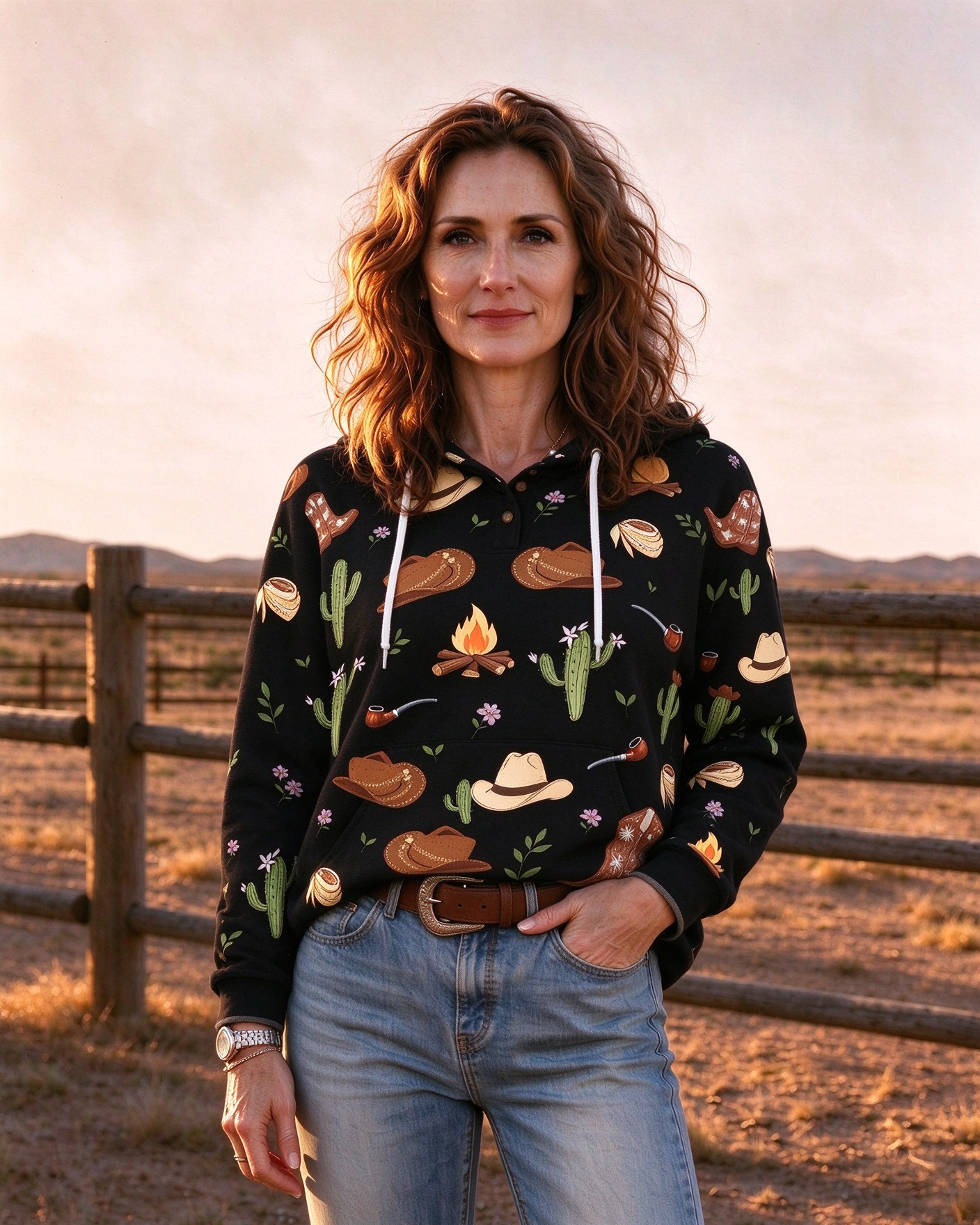Vintage Cactus & Cowboy Hat Printed with Pocket as Fashionable Top 