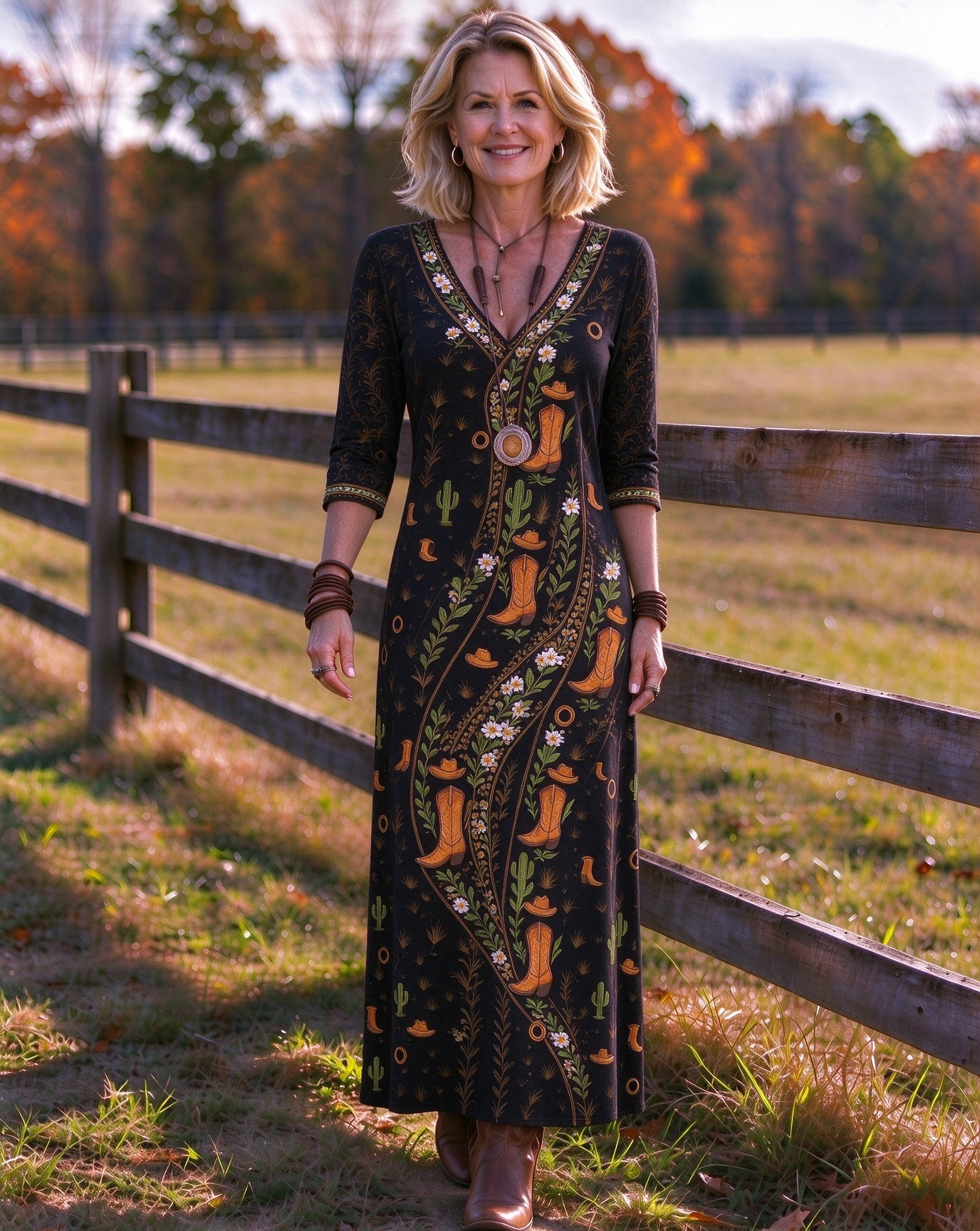 Cream Western Cowboy Boot Cactus Scarf Print V-neck high-low hem long dress
