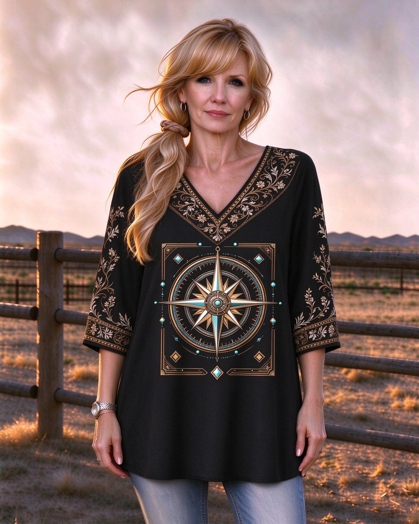 Retro compass print Western style V-neck long top