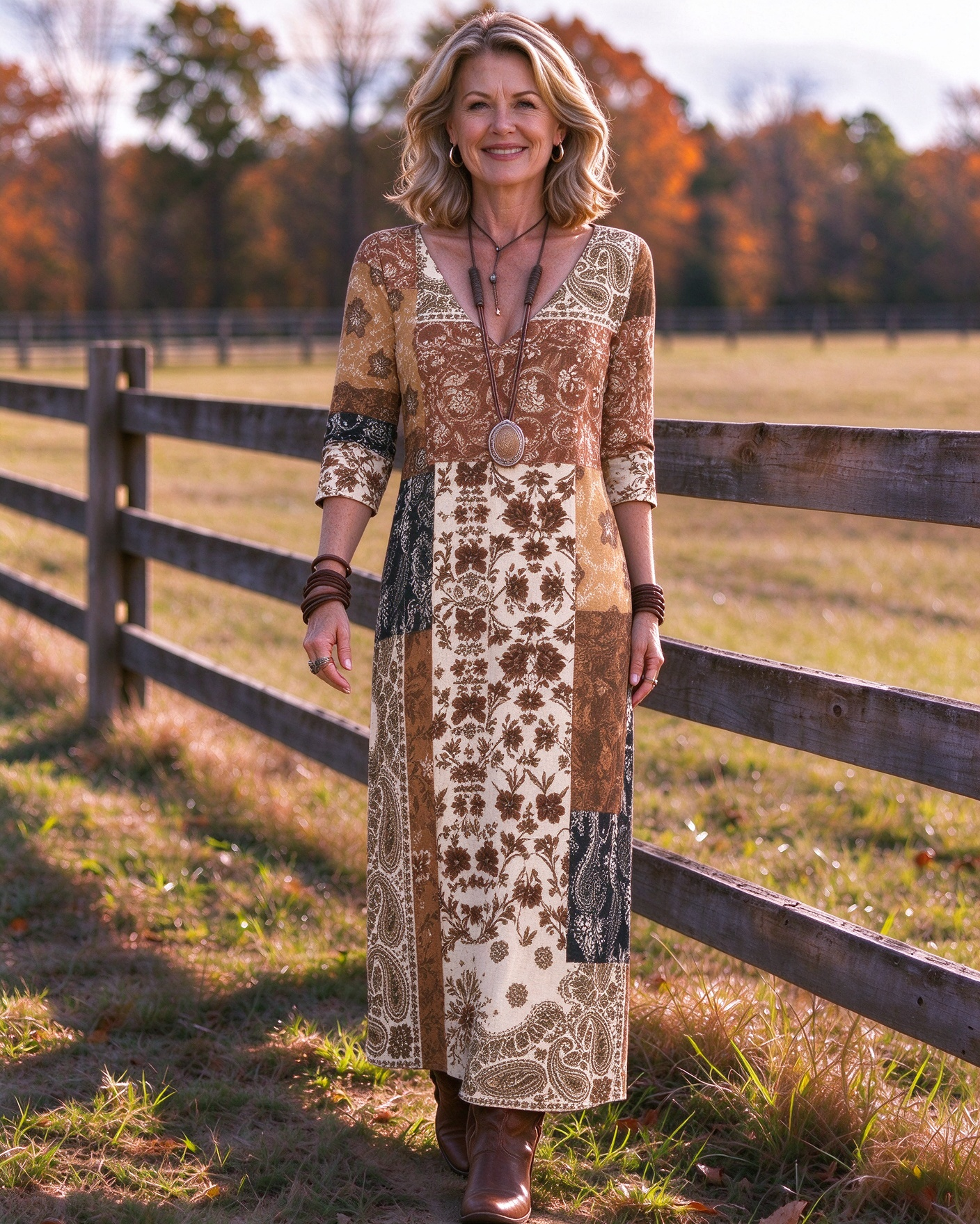 Vintage Patchwork Paisley Floral Western V-Neck Printed Dress | Allover Print