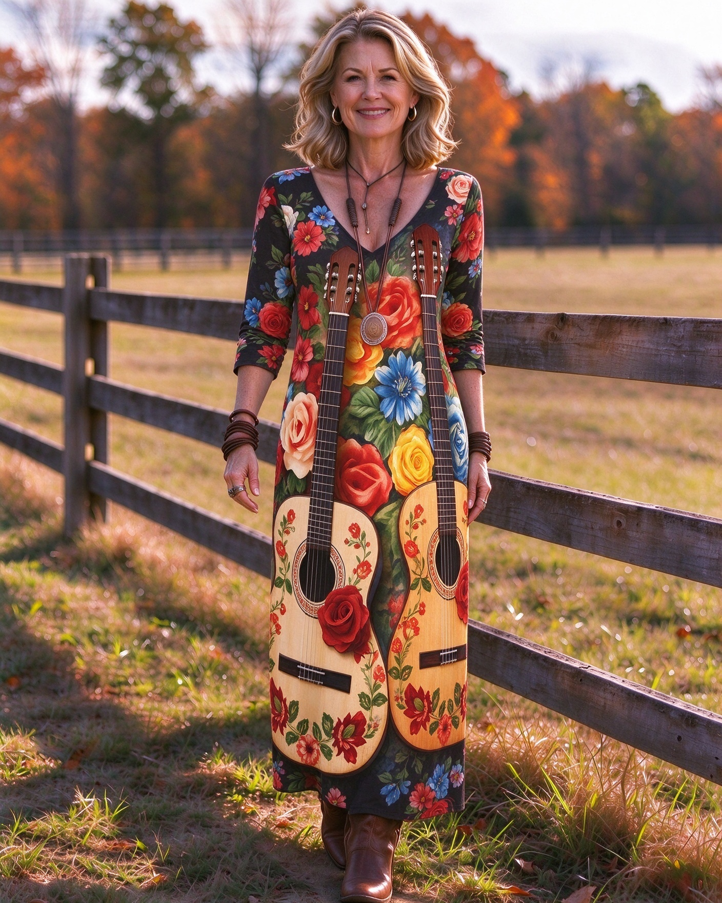 Vibrant Guitar & Rose Western V-Neck Printed Dress | Allover Print