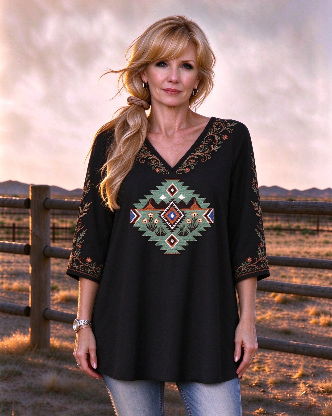 Geometric mountain and wildflower V-neck Western-style long top