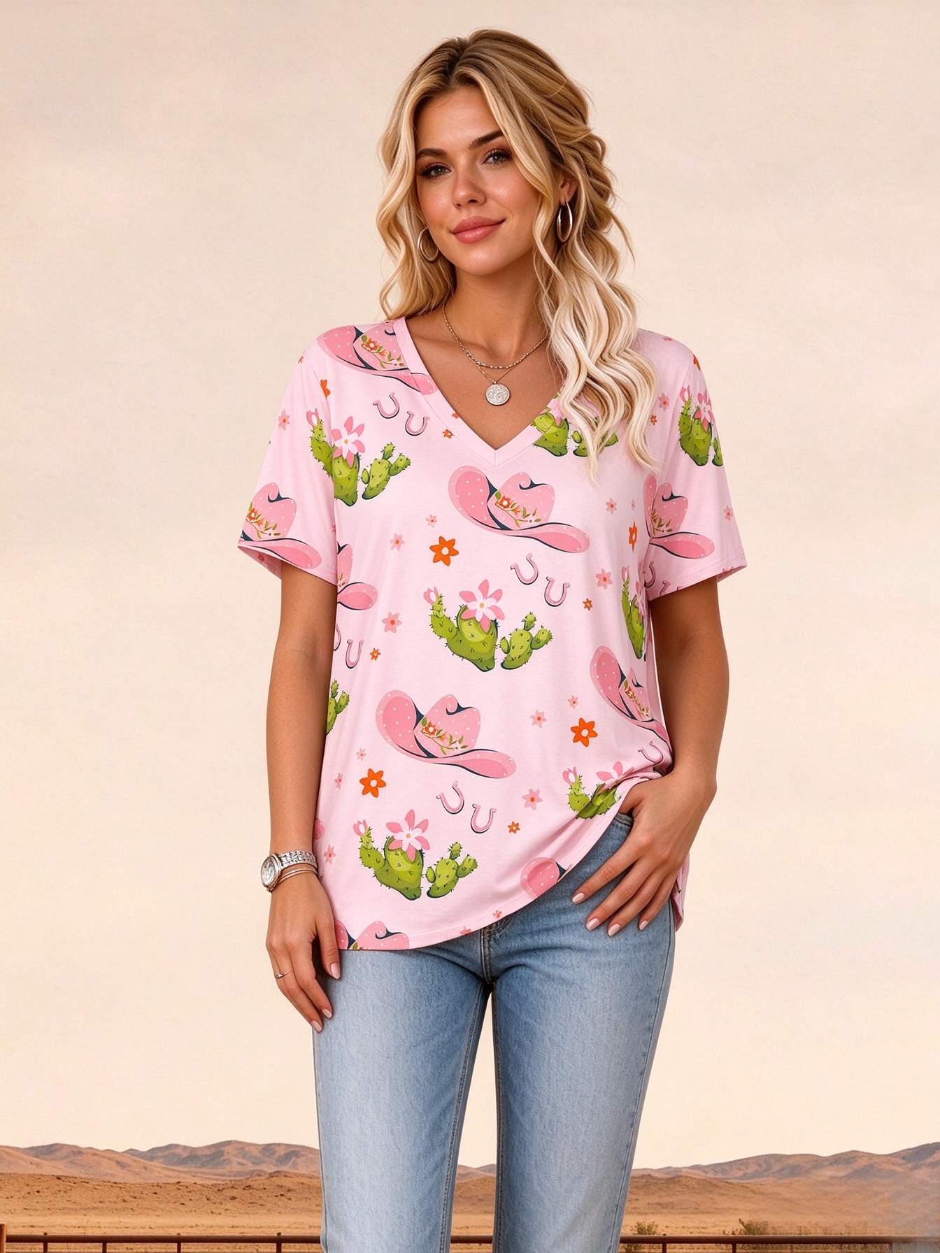 Pink Cactus Cowgirl Horseshoe Print Short Sleeve Casual Tops