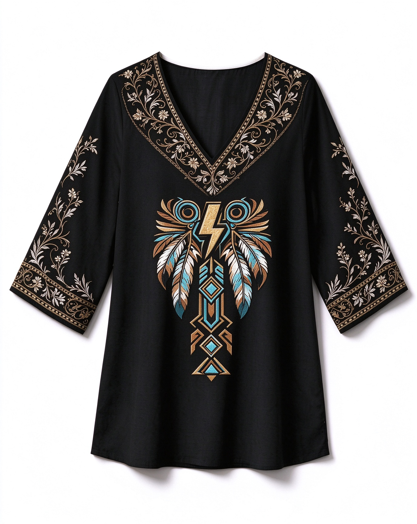 Owl feather lightning geometric print V-neck long top