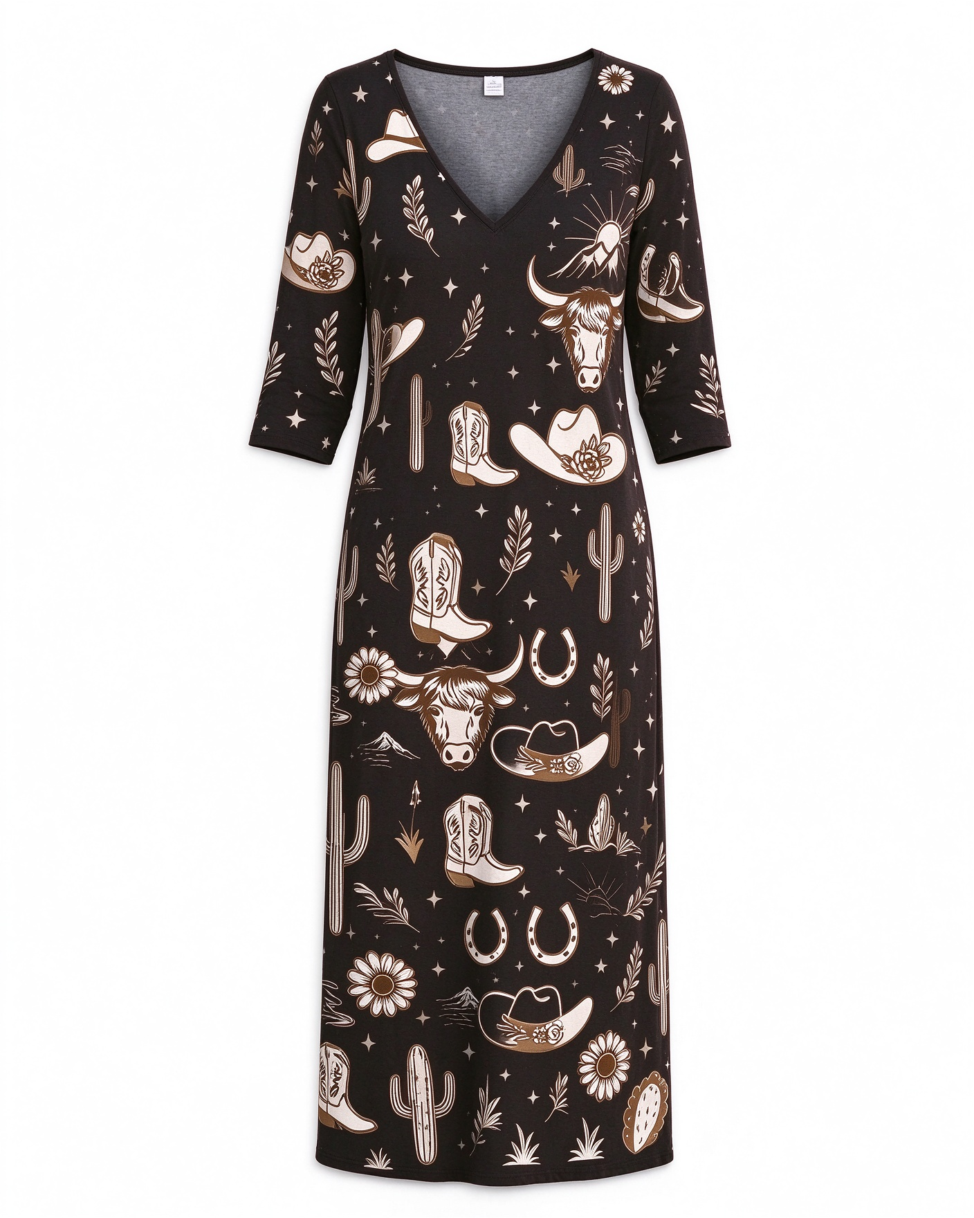 Western desert style bull's head cactus print V-neck long dress
