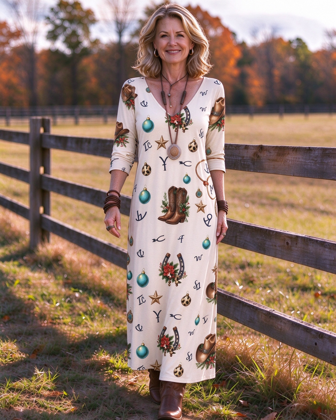 Cowboy Boot Horseshoe Holiday Ornament Western V-Neck Printed Dress | Allover Print