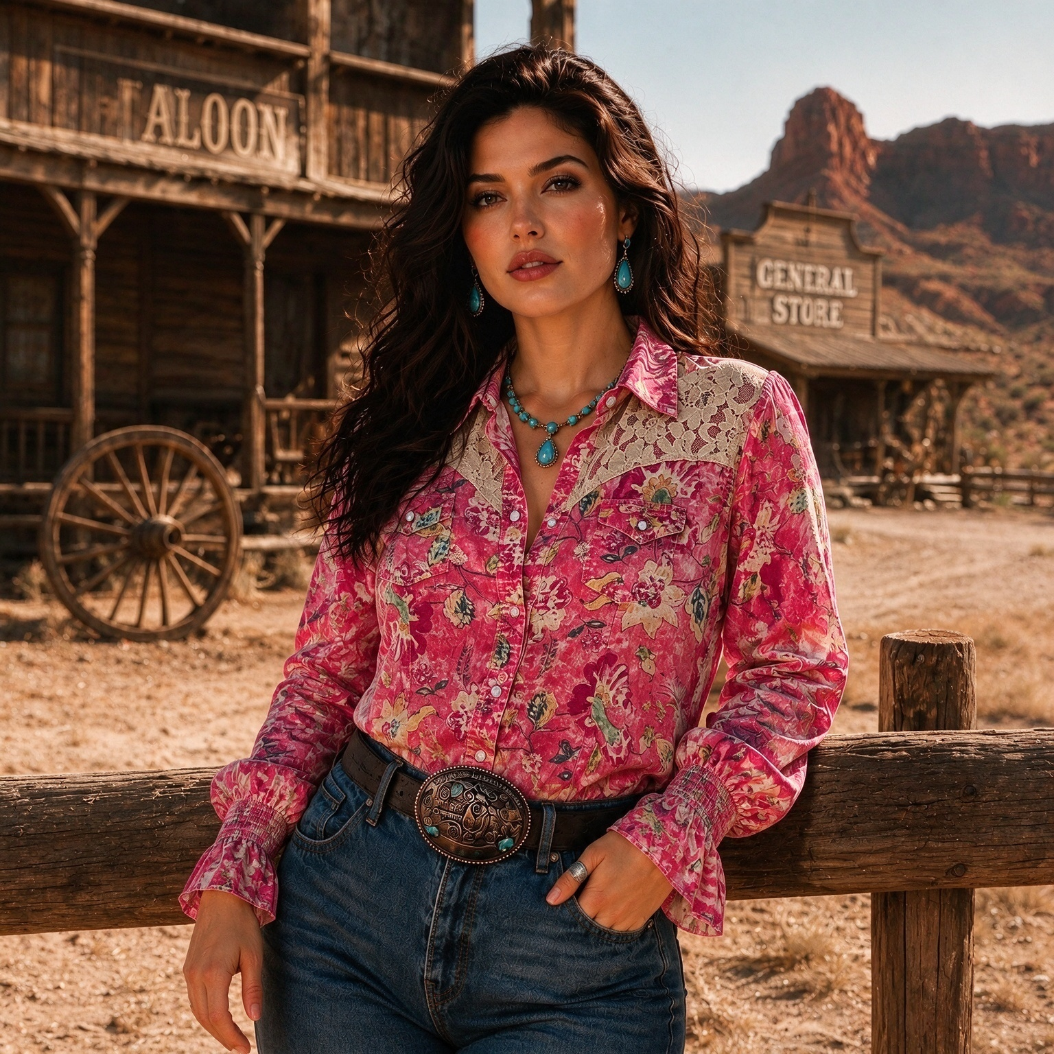 Retro Western Rose Red Wildflower Print Bell Sleeve Shirt