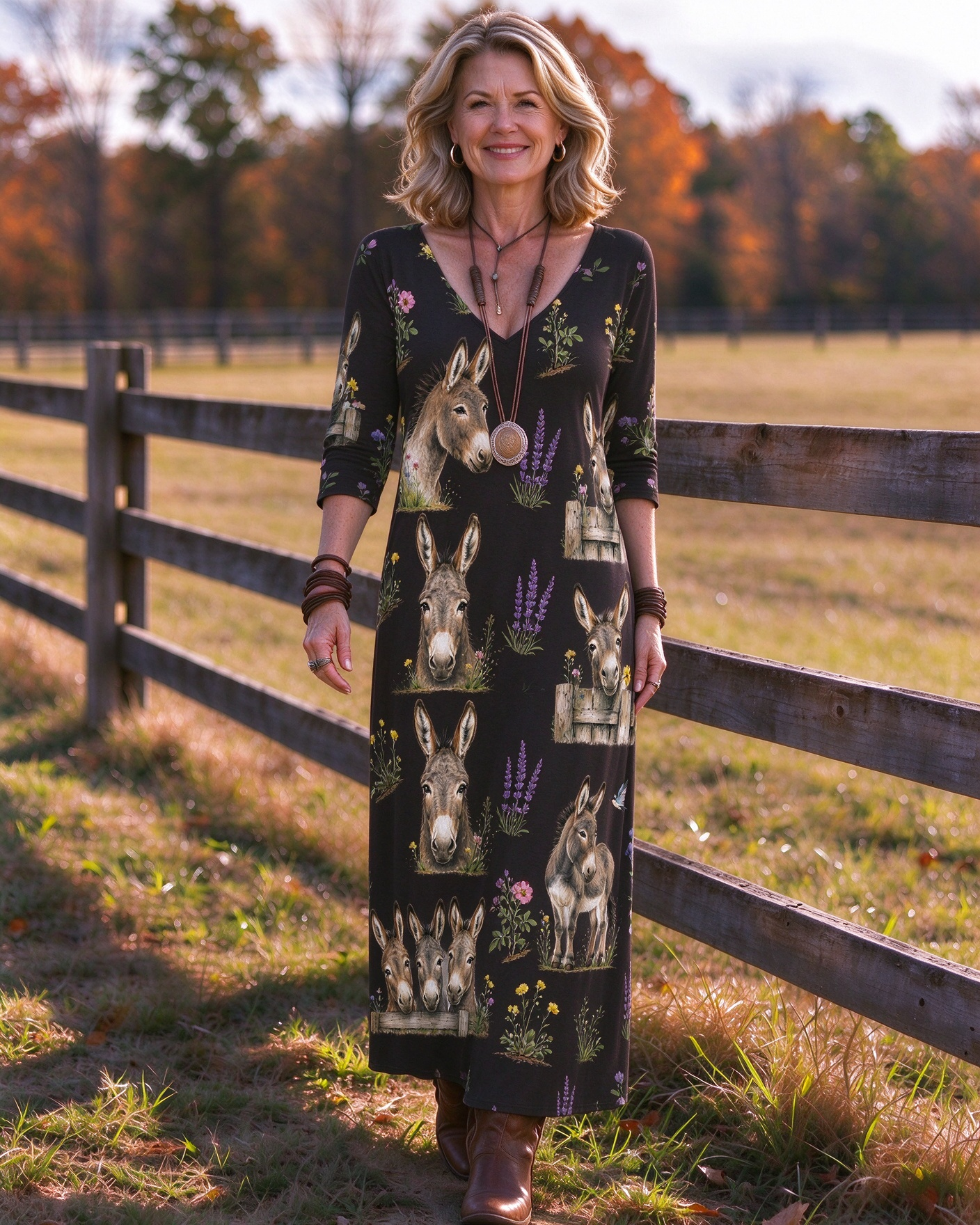Cute Donkey Wildflower Farm Print V-Neck Long Dress
