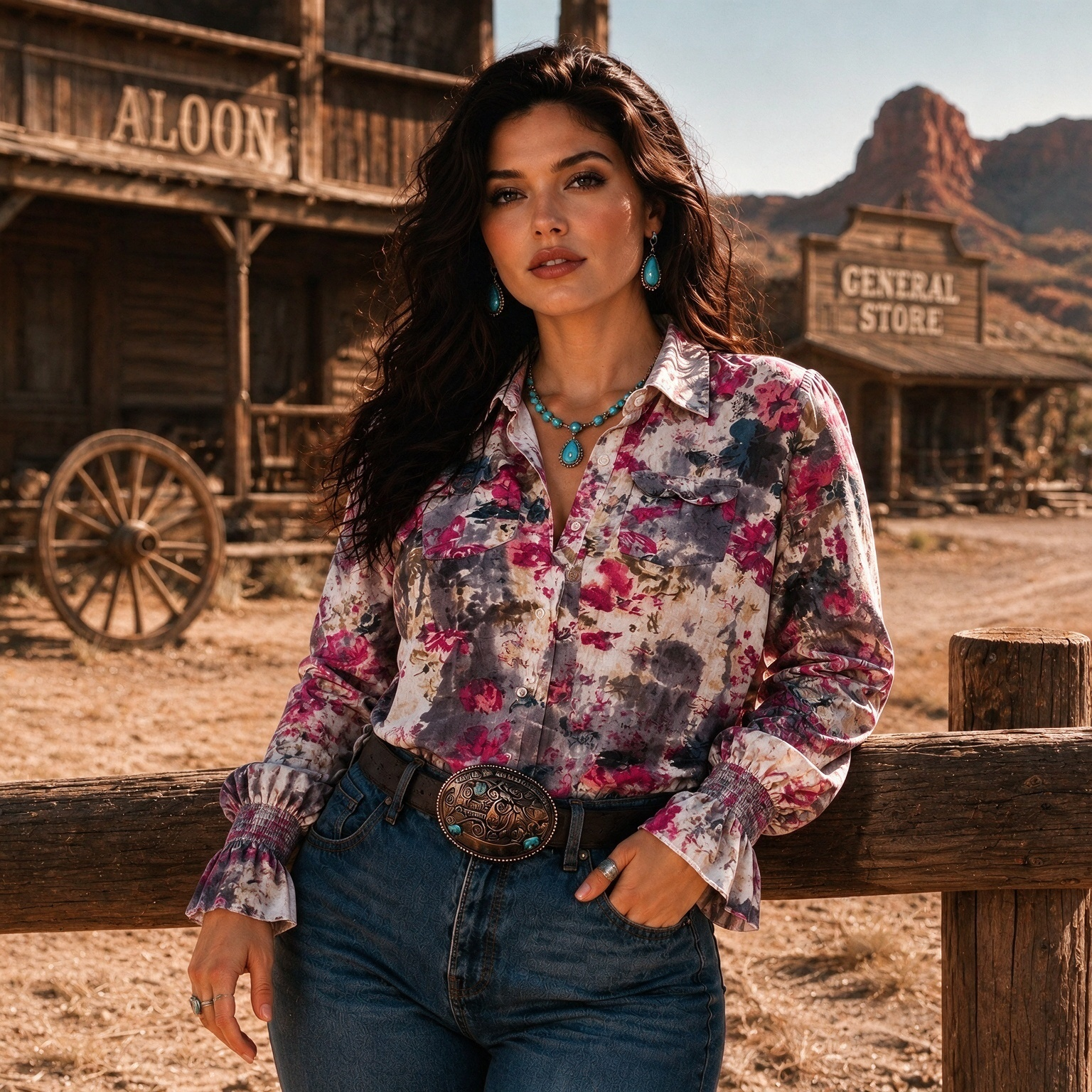 Retro Western Watercolor Pink Floral Print Bell Sleeve Shirt