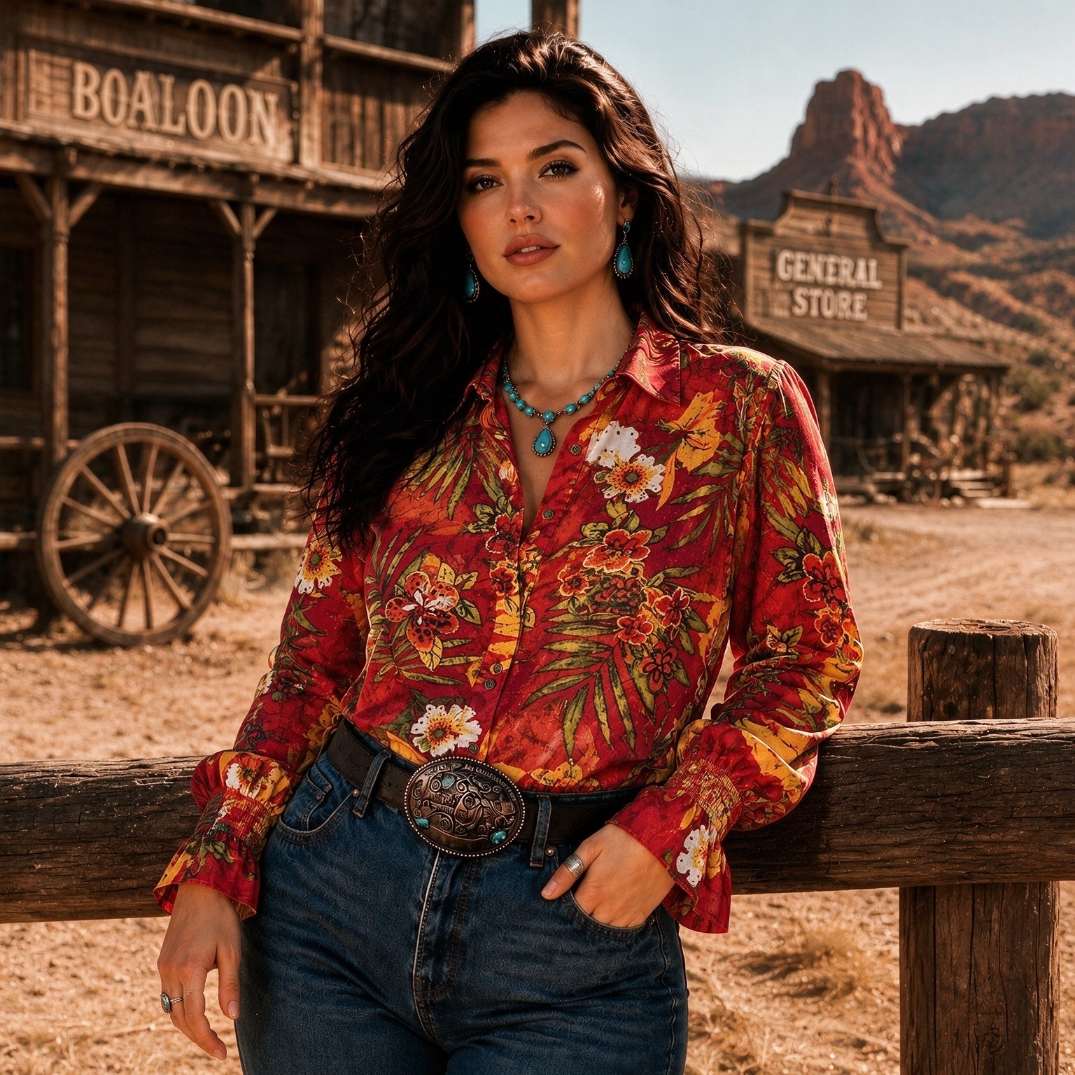 Retro Western Red Tropical Western Floral Print Bell Sleeve Shirt