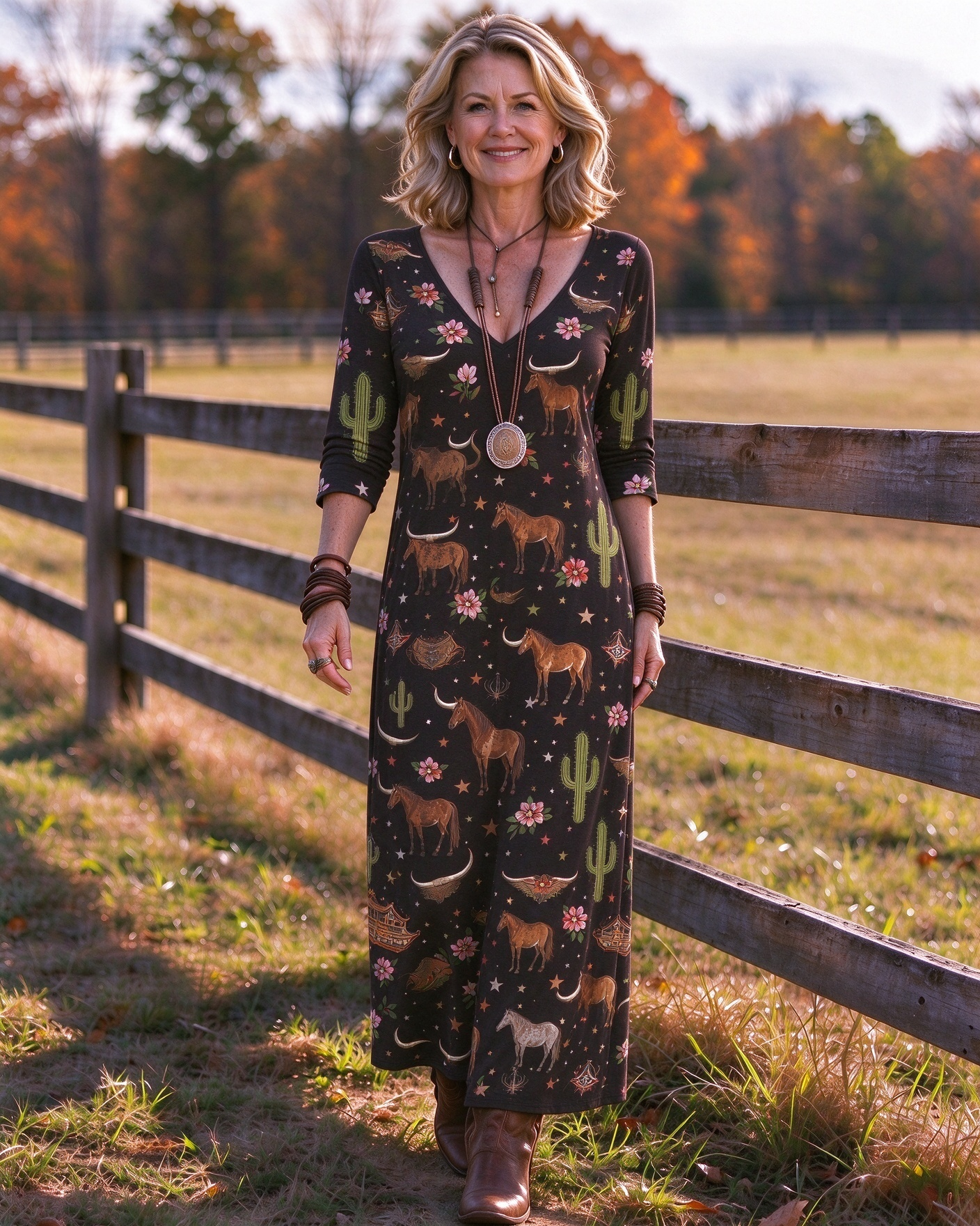 Wild Horse Cactus Pink Flowers Western V-Neck Printed Dress | Allover Print