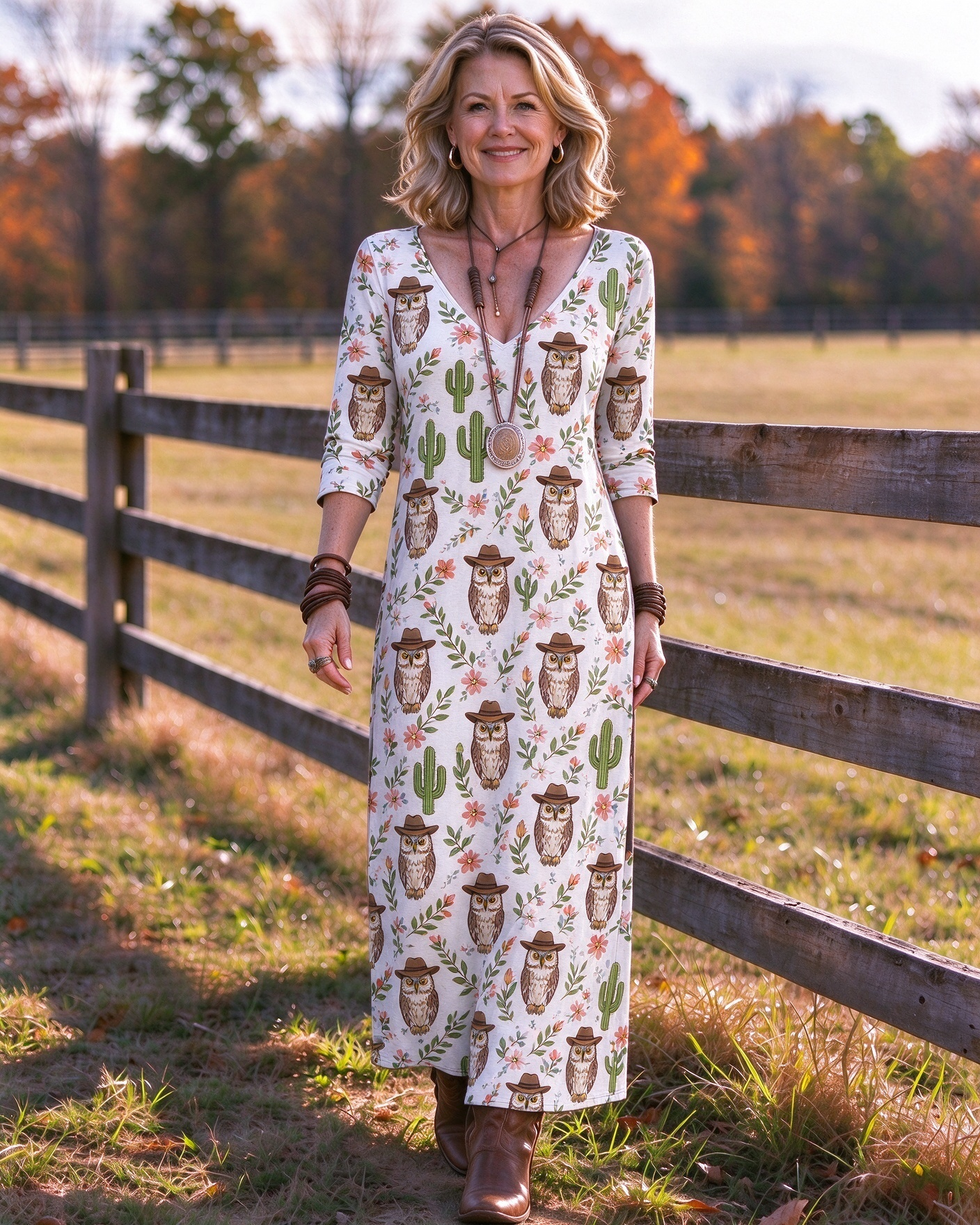 Cowboy Hat, Owl, Cactus, Wildflower Western V-Neck Printed Dress | Allover Print