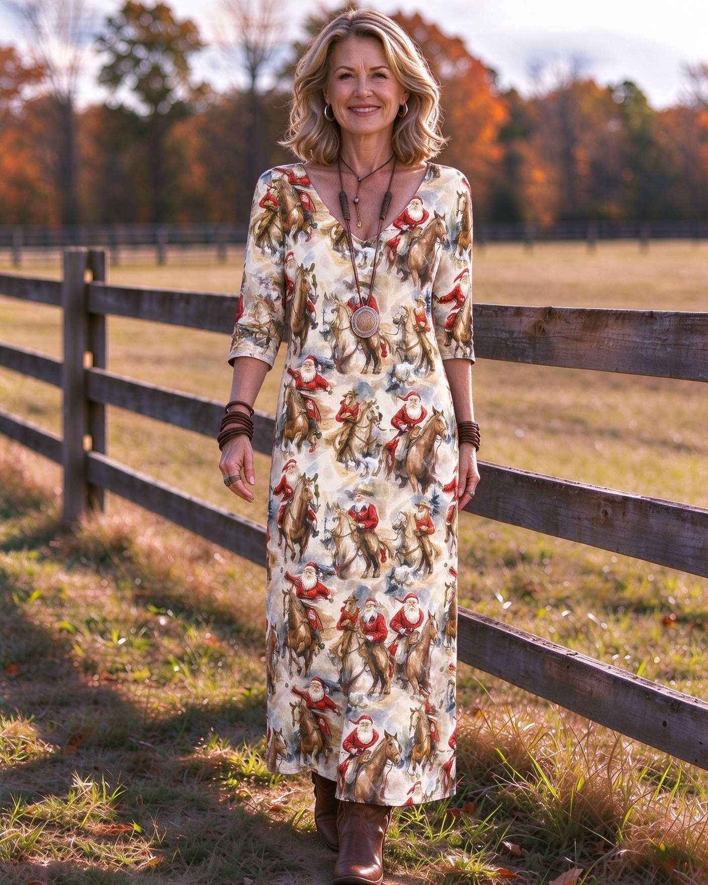 Santa Claus on horseback, cowboy horse Western V-Neck Printed Dress | Allover Print